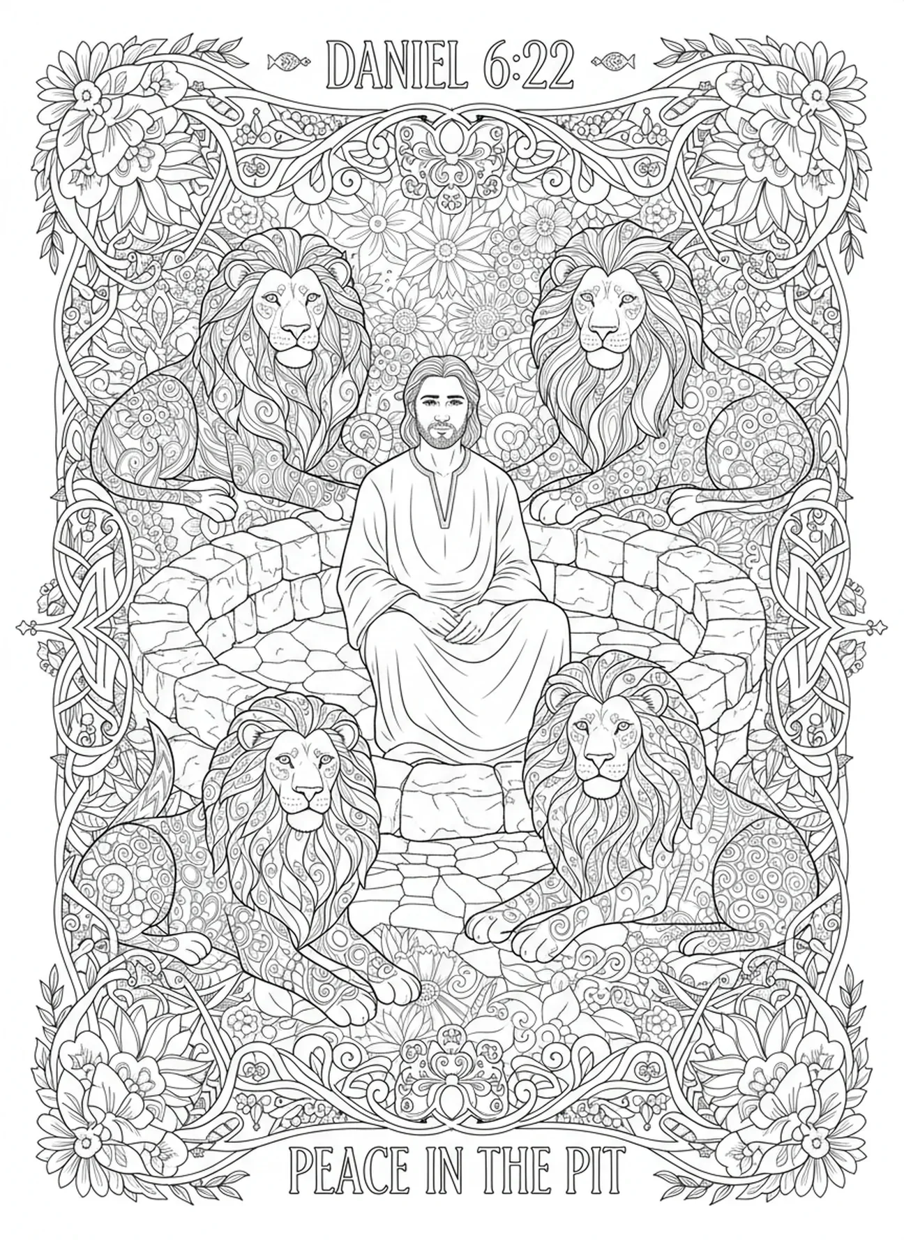 Majestätische Löwen umgeben Daniel, Daniel in der Löwengrube, Daniel betend, Ausmalbild für Erwachsene im Bibel-Journaling-Stil