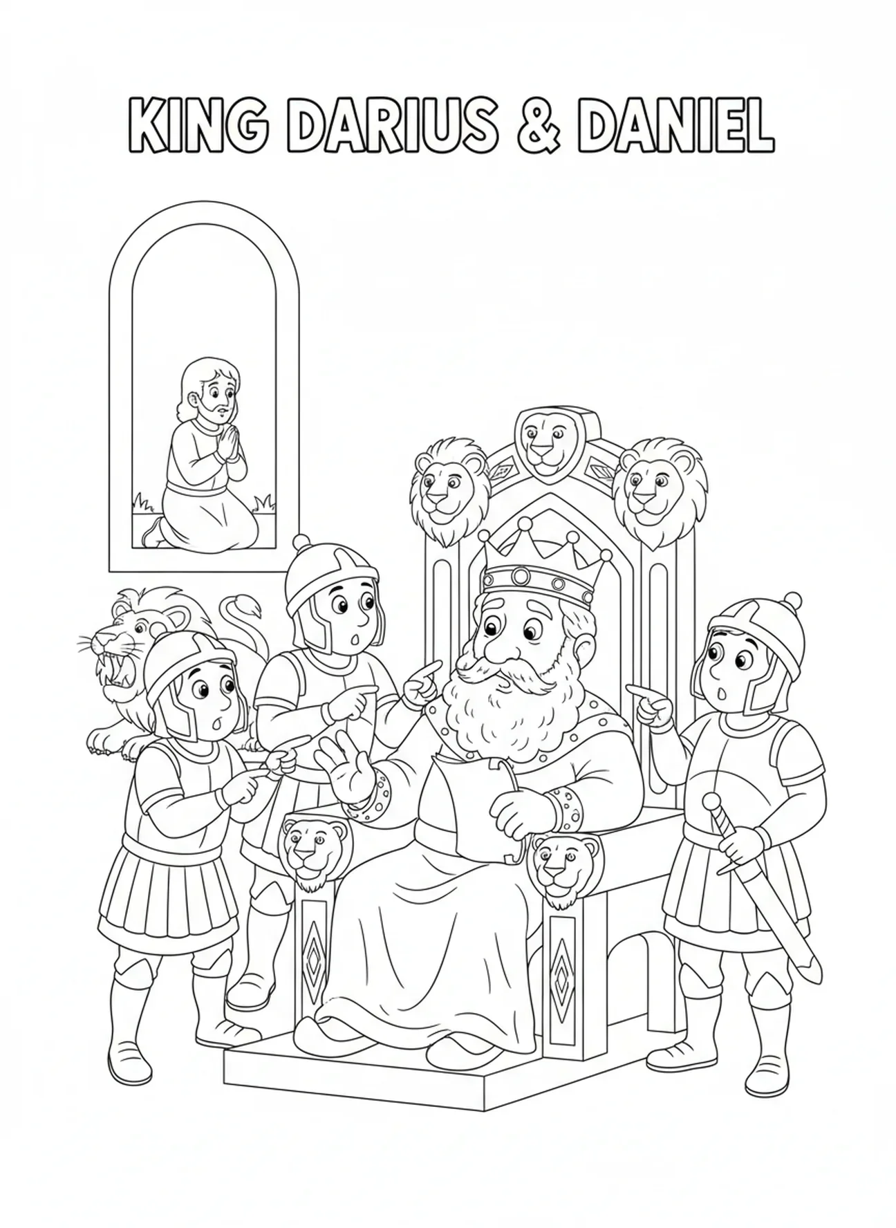 Rei Dario segurando um pergaminho, página para colorir sobre Daniel na cova dos leões e Daniel orando na janela para crianças de 5 a 10 anos.