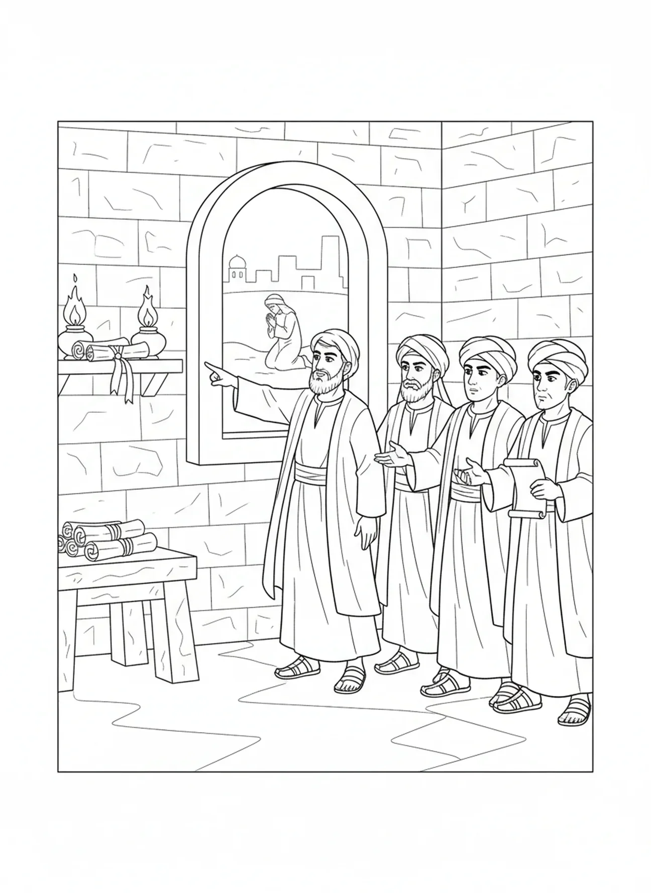 Fonctionnaires entourant Daniel, Daniel dans la fosse aux lions, page à colorier de Daniel priant à la fenêtre pour les enfants de l'École du dimanche âgés de 5 à 12 ans.