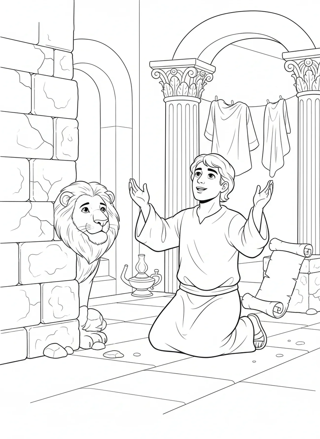Lion regardant à travers le mur, la page à colorier de Daniel dans la fosse aux lions, Daniel en prière pour les enfants de l'École du dimanche âgés de 5 à 12 ans.
