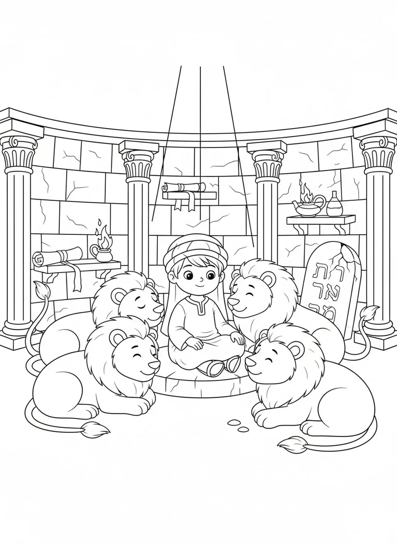 Daniel assis parmi des lions, Daniel dans la fosse aux lions, page à colorier de Daniel priant à la fenêtre pour les enfants de l'école du dimanche âgés de 5 à 12 ans.