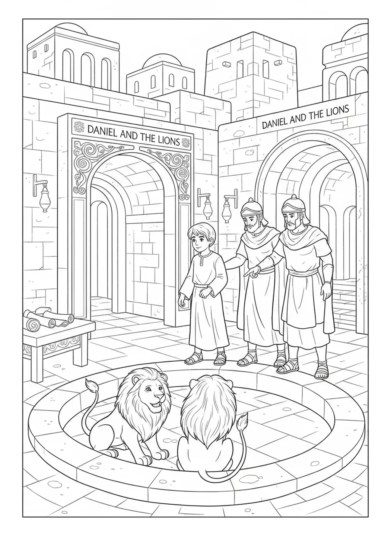 Daniel marchant vers la fosse aux lions, page à colorier de Daniel dans la fosse aux lions et de Daniel priant à la fenêtre pour les enfants de l'École du dimanche âgés de 5 à 12 ans.