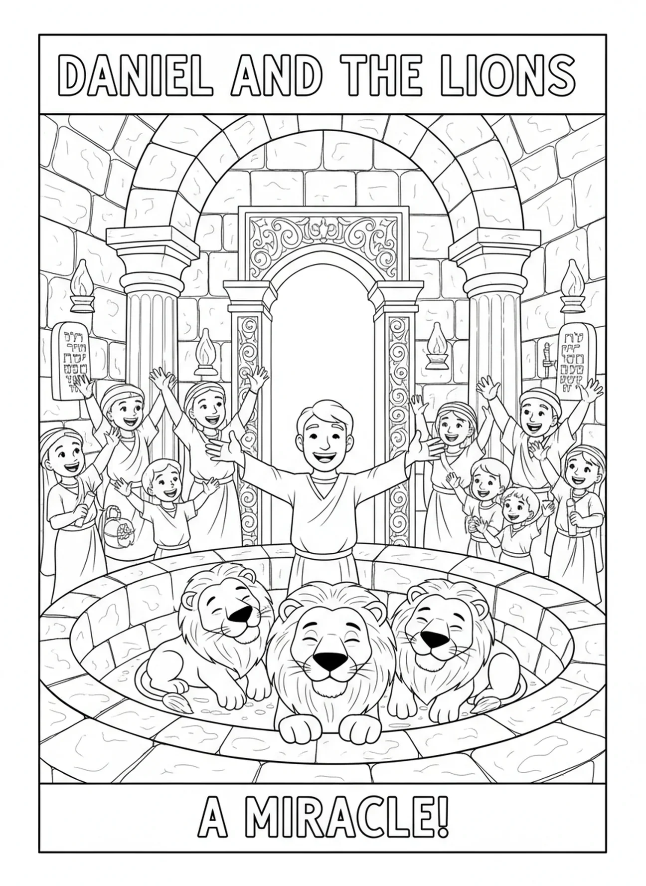 Daniel sort indemne de la fosse aux lions, page à colorier de Daniel priant à la fenêtre pour les enfants de l'École du dimanche âgés de 5 à 12 ans.