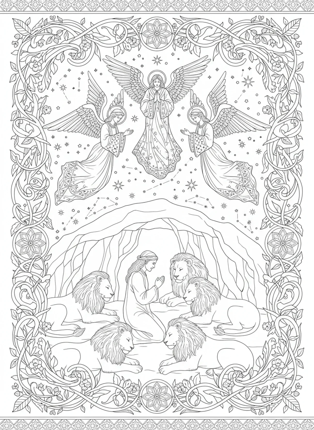 Engel trösten Daniel, Daniel in der Löwengrube, Daniel wird aus der Grube befreit Ausmalbild für Erwachsene im Bibel-Journaling-Stil