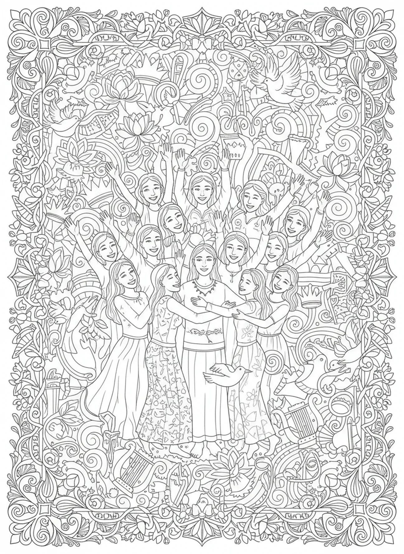 Menschen feiern Daniels Freiheit, Daniel in der Löwengrube, Aus der Löwengrube befreit Ausmalbild für Erwachsene im Bibel-Journaling-Stil
