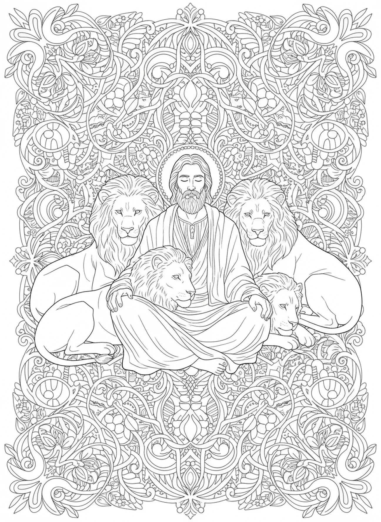 Daniel sitzt friedlich mit Löwen, Daniel in der Löwengrube Ausmalbild für Erwachsene im Bibel-Journaling-Stil
