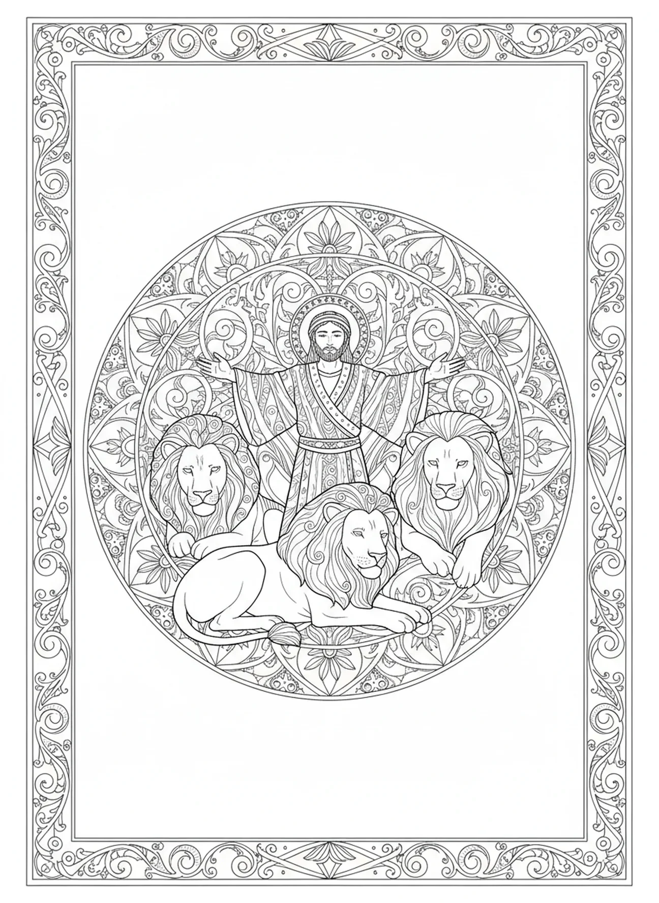 Daniel, der aus der Löwengrube kommt, Daniel Löwengrube Daniel aus der Grube befreit Ausmalbild für Erwachsene im Bibel-Journaling-Stil
