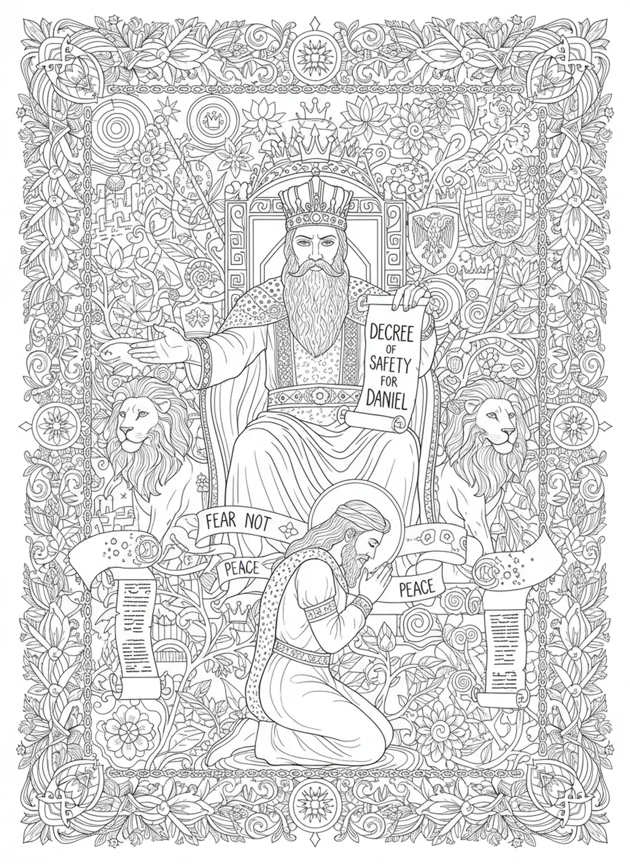 König erlässt Dekret für Daniel, Daniel in der Löwengrube, Daniel aus der Grube befreit Malvorlage für Erwachsene im Bibel-Journaling-Stil