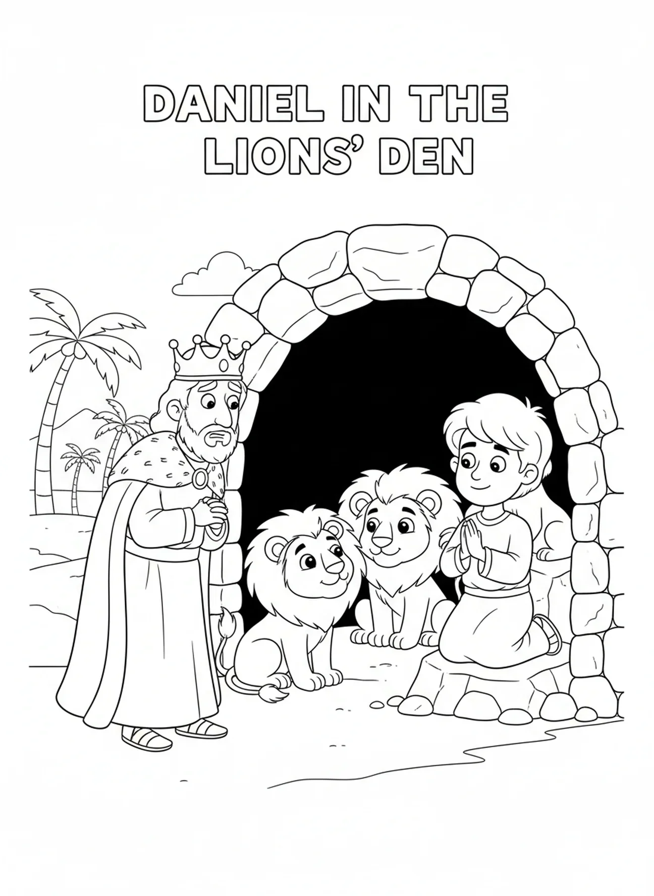 Rei Dario observando, Daniel na Cova dos Leões Daniel Libertado da Cova página para colorir para crianças de 5 a 10 anos.