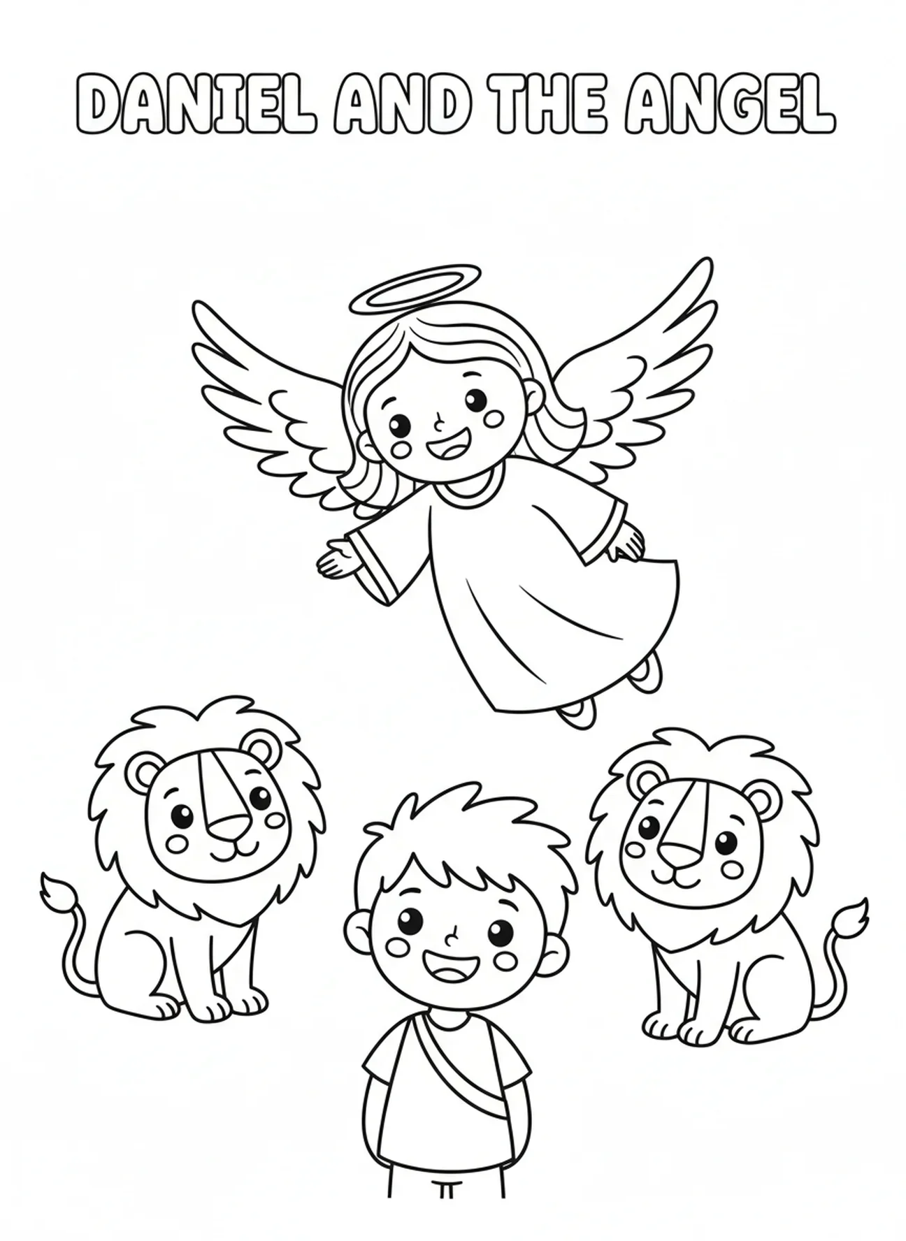 Un ange planant, Daniel dans la fosse aux lions, Daniel libéré de la fosse page à colorier pour les enfants d'âge préscolaire 3-5 ans