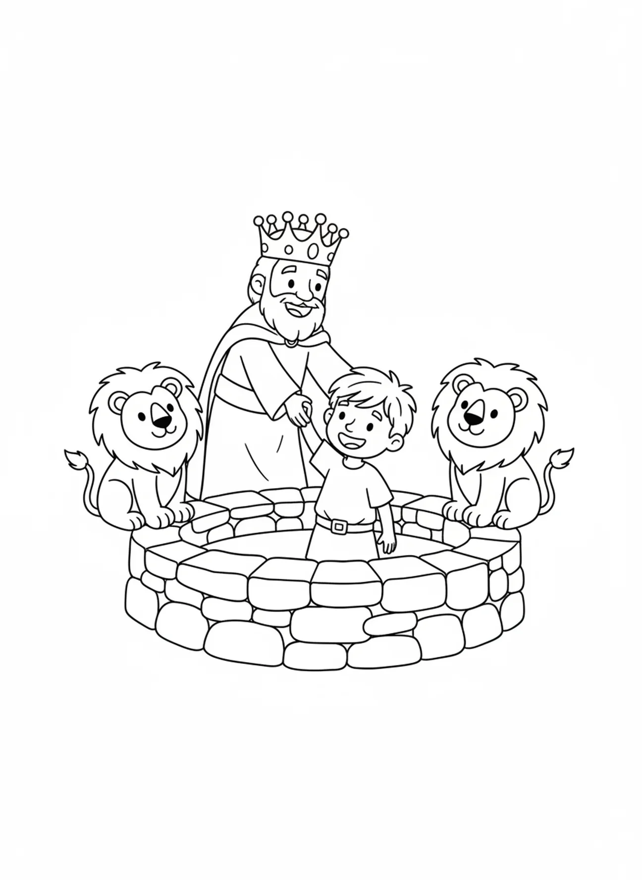 Le roi Darius aidant Daniel, Daniel dans la fosse aux lions, page à colorier pour les enfants d'âge préscolaire de 3 à 5 ans