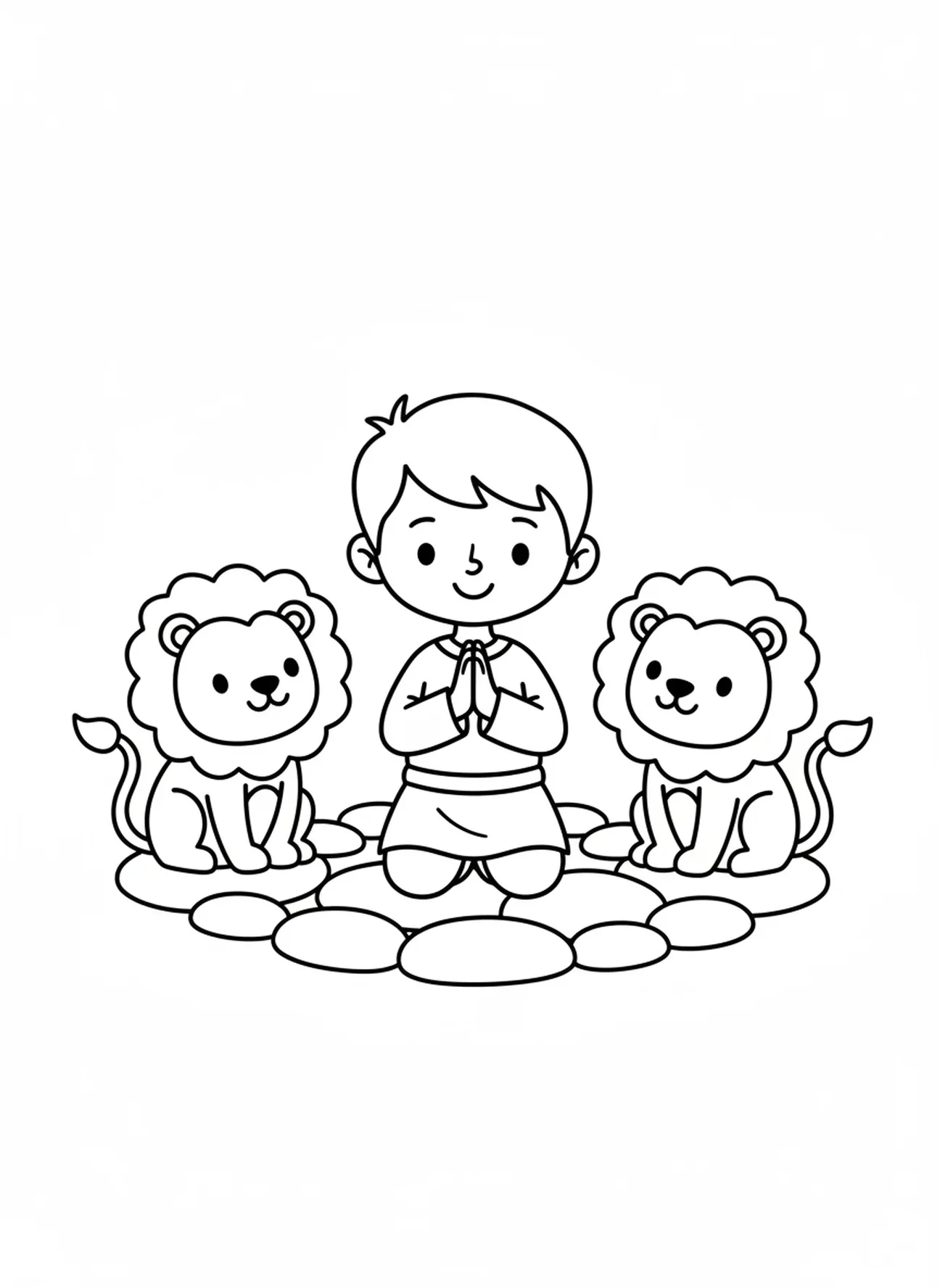 Daniel en prière, Daniel dans la fosse aux lions, page à colorier pour les enfants d'âge préscolaire de 3 à 5 ans