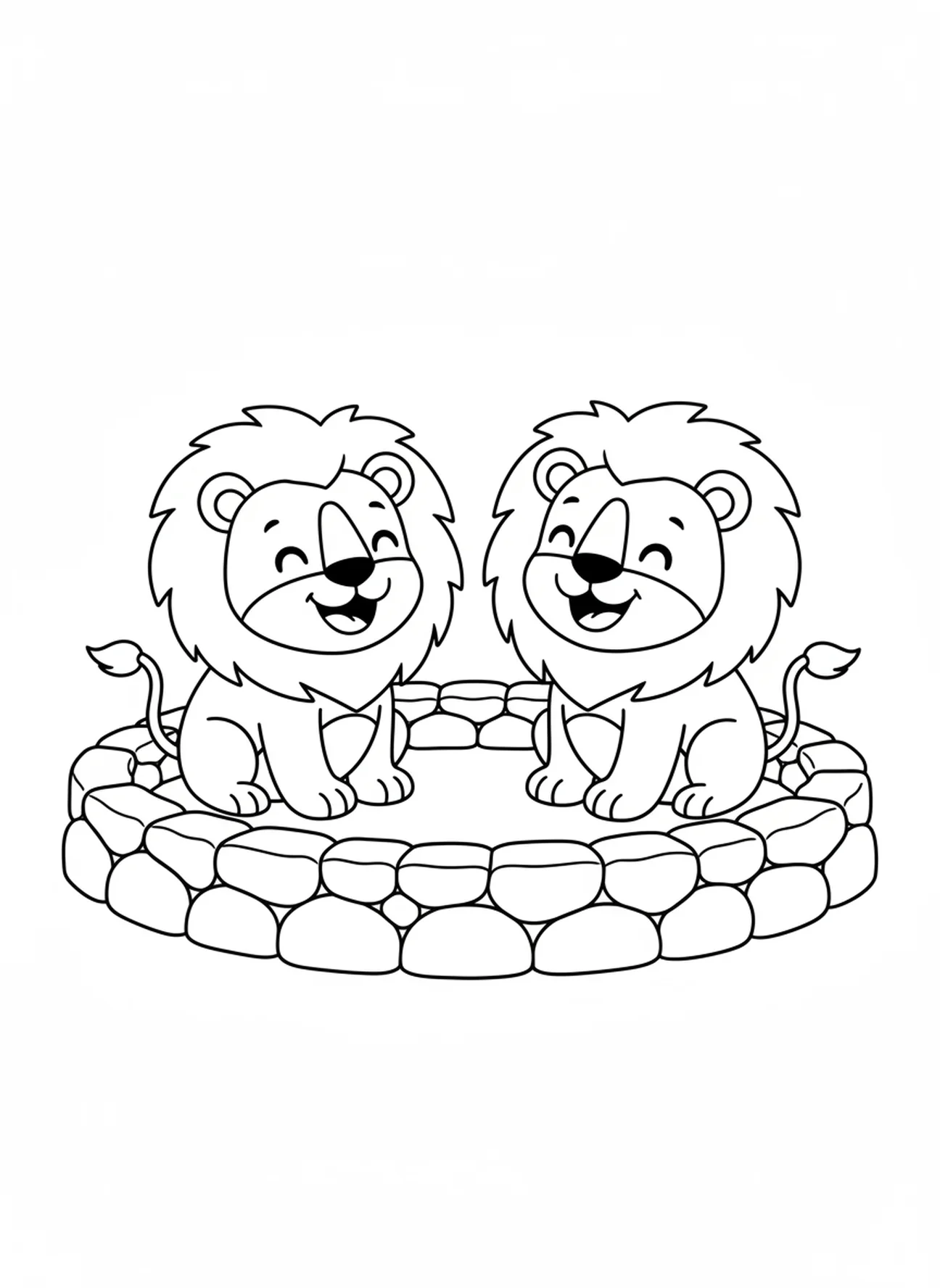Deux lions souriants, Daniel dans la fosse aux lions Daniel libéré de la fosse page à colorier pour les enfants d'âge préscolaire de 3 à 5 ans