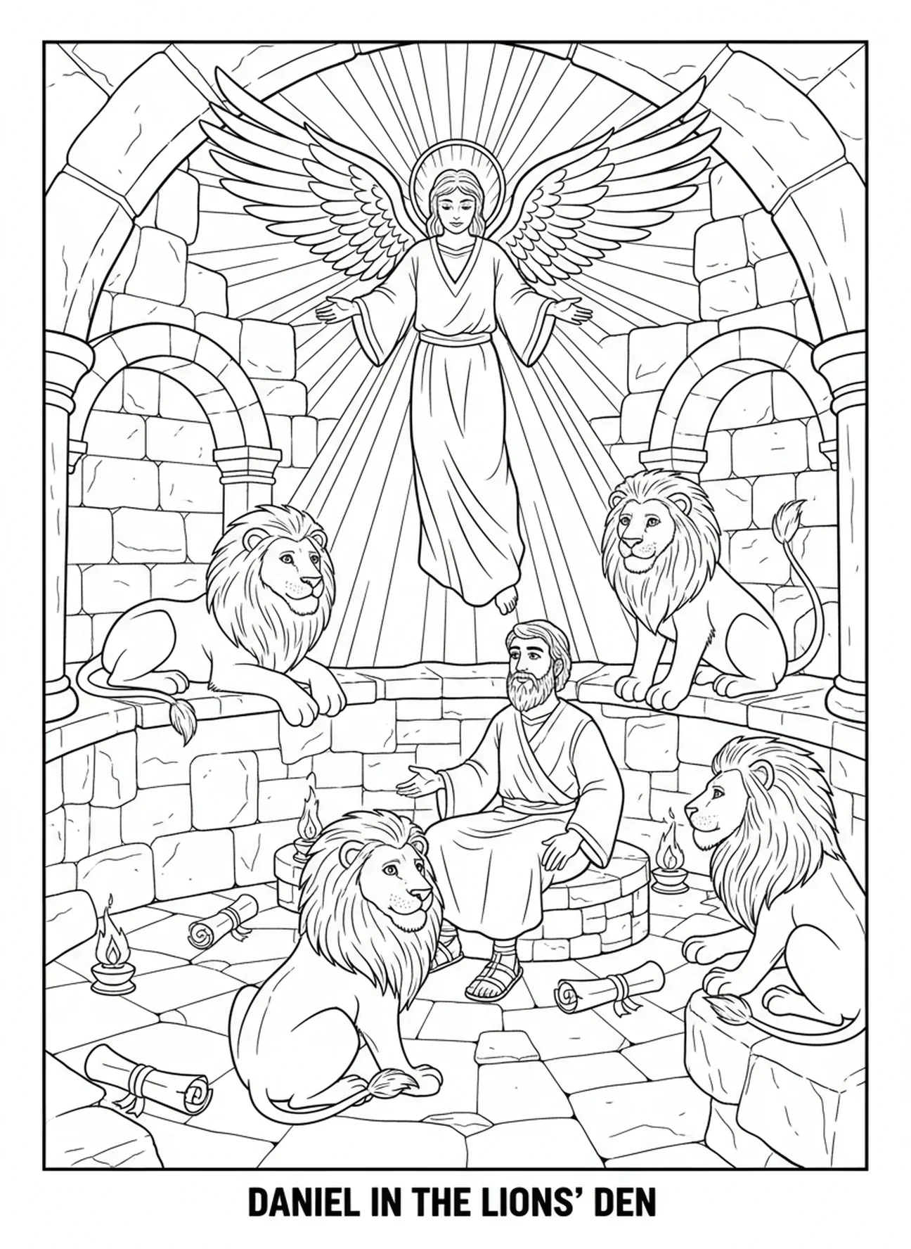 Un ange apparaissant à Daniel, Daniel dans la fosse aux lions, Daniel libéré de la fosse, page à colorier pour l'École du dimanche, enfants de 5 à 12 ans.