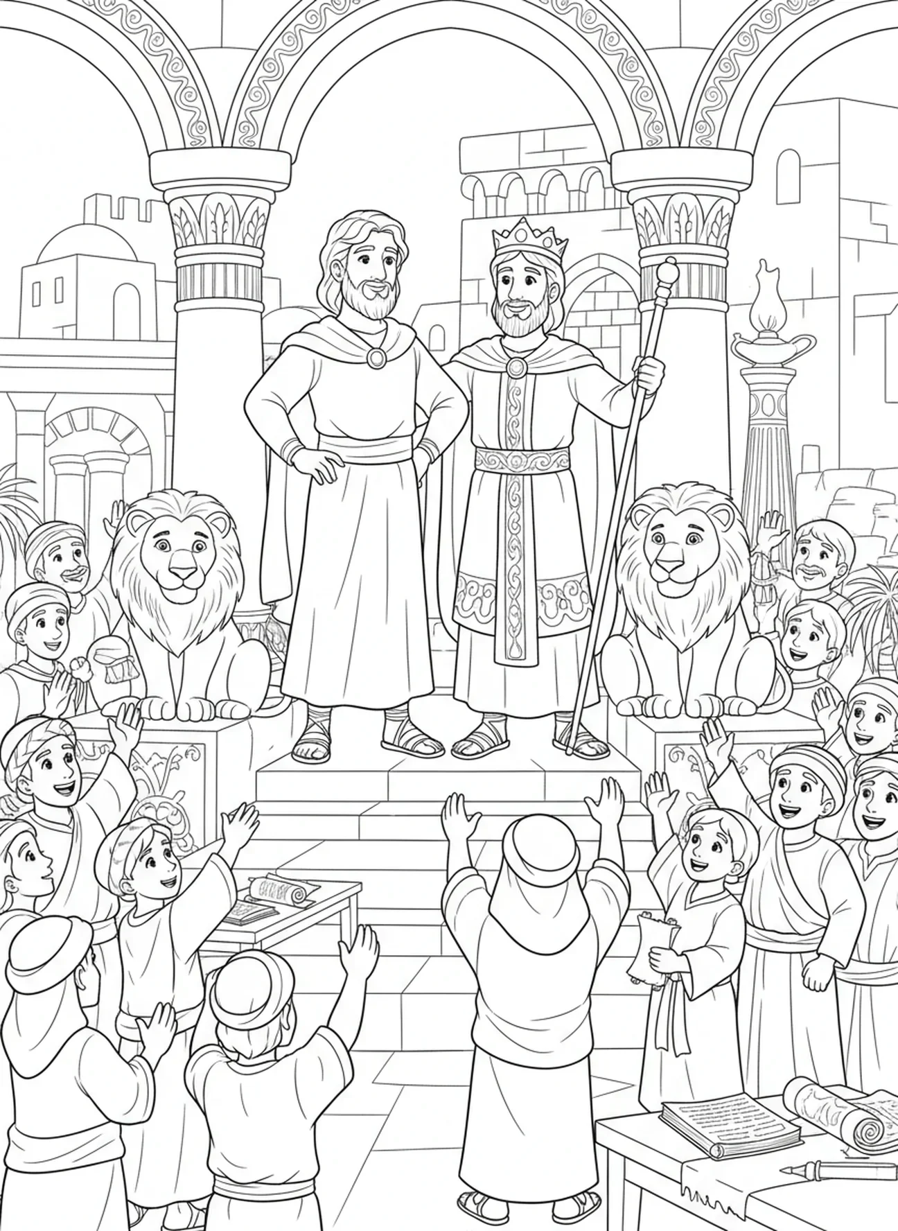 Célébration après la libération de Daniel, page à colorier Daniel dans la fosse aux lions pour les enfants de l'École du dimanche âgés de 5 à 12 ans.