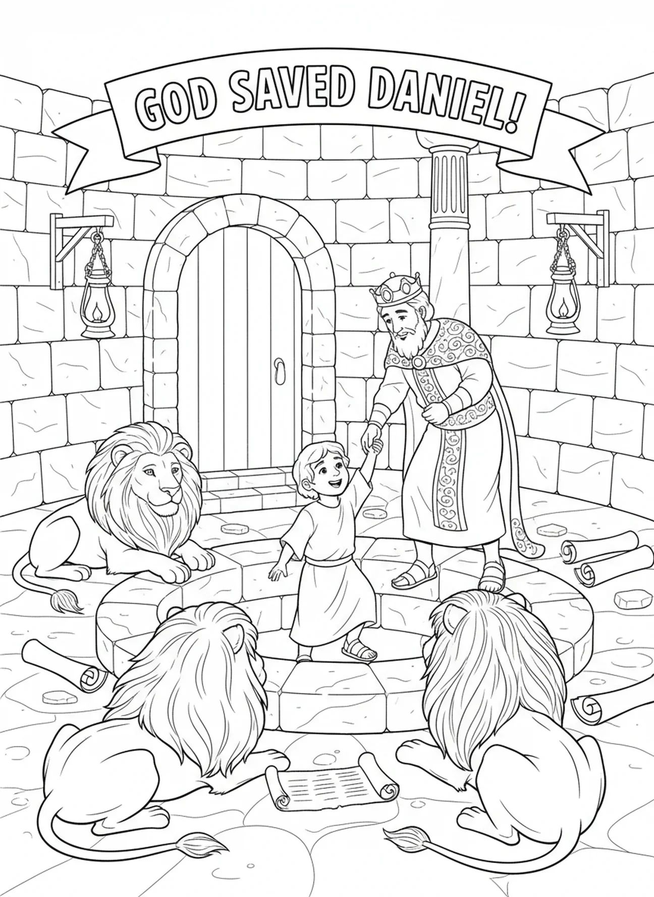 Daniel étant libéré de la fosse, page à colorier Daniel dans la fosse aux lions pour les enfants de l'École du dimanche âgés de 5 à 12 ans.