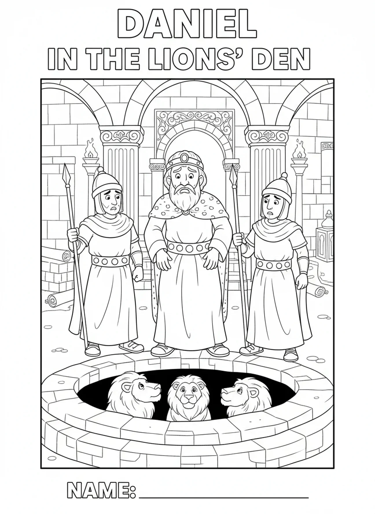 Le roi Darius s'approchant de la fosse, Daniel dans la fosse aux lions, page à colorier pour l'École du dimanche destinée aux enfants de 5 à 12 ans.