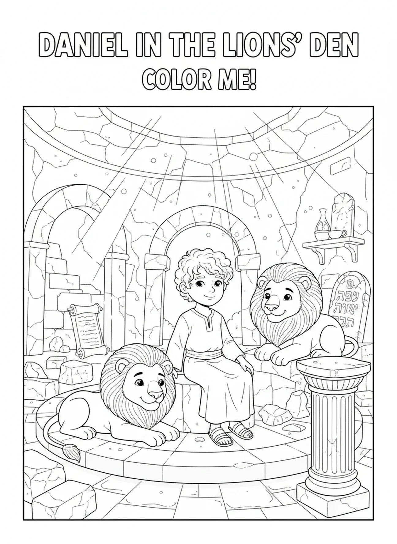 Lions amicaux se rassemblent autour de Daniel, page à colorier Daniel dans la fosse aux lions, Daniel libéré de la fosse pour les enfants de l'École du dimanche âgés de 5 à 12 ans.