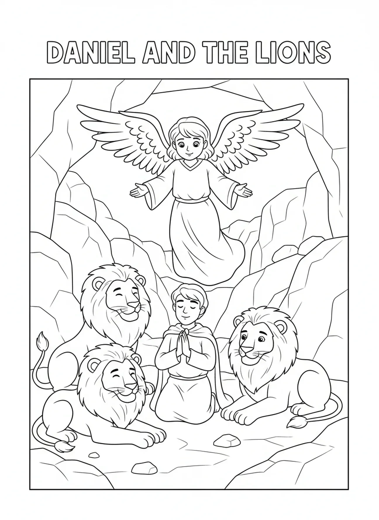 Anjo aparecendo acima de Daniel na cova dos leões, página para colorir sobre o decreto do Rei Dario para crianças de 5 a 10 anos.