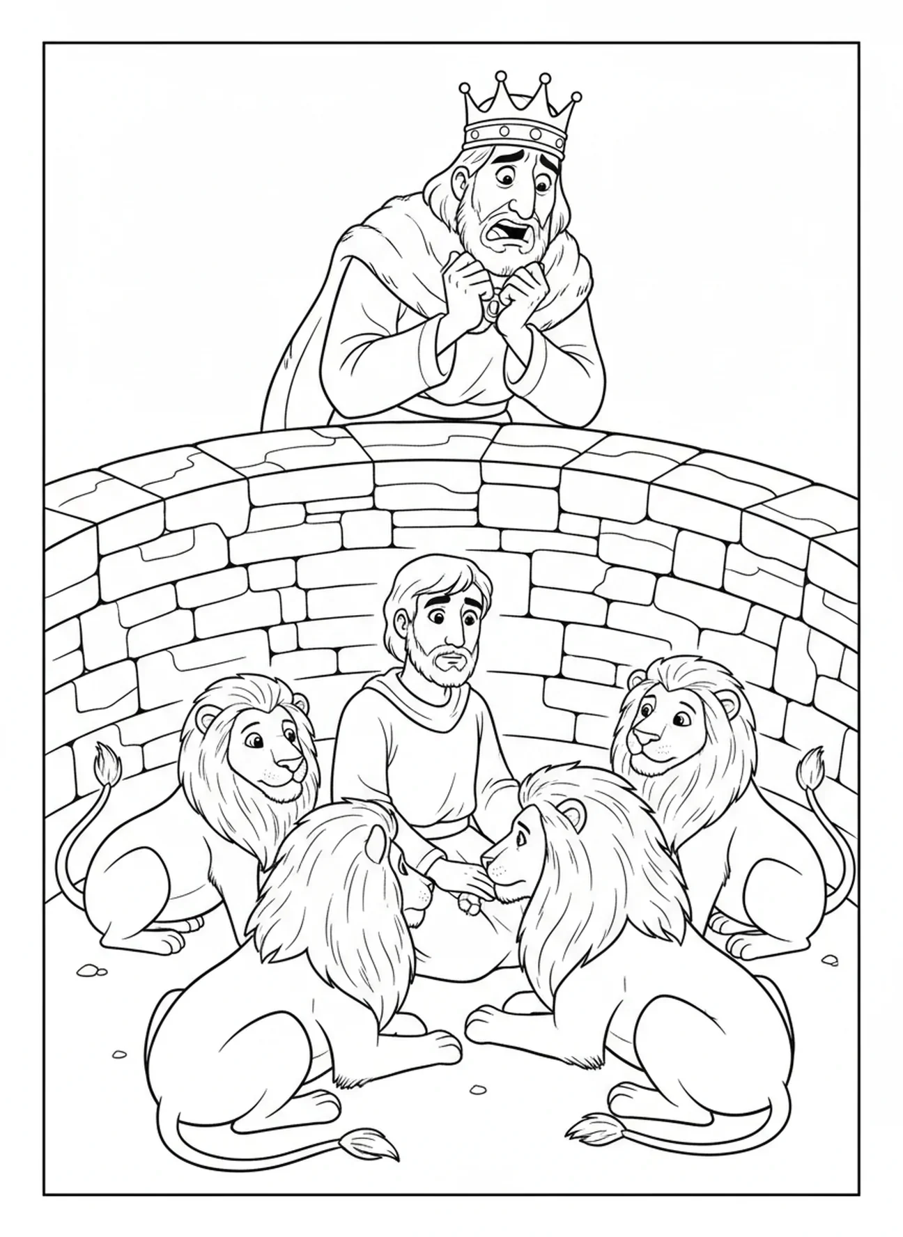 Rei Dario observando Daniel na cova dos leões, página para colorir sobre o decreto do Rei Dario para crianças de 5 a 10 anos.