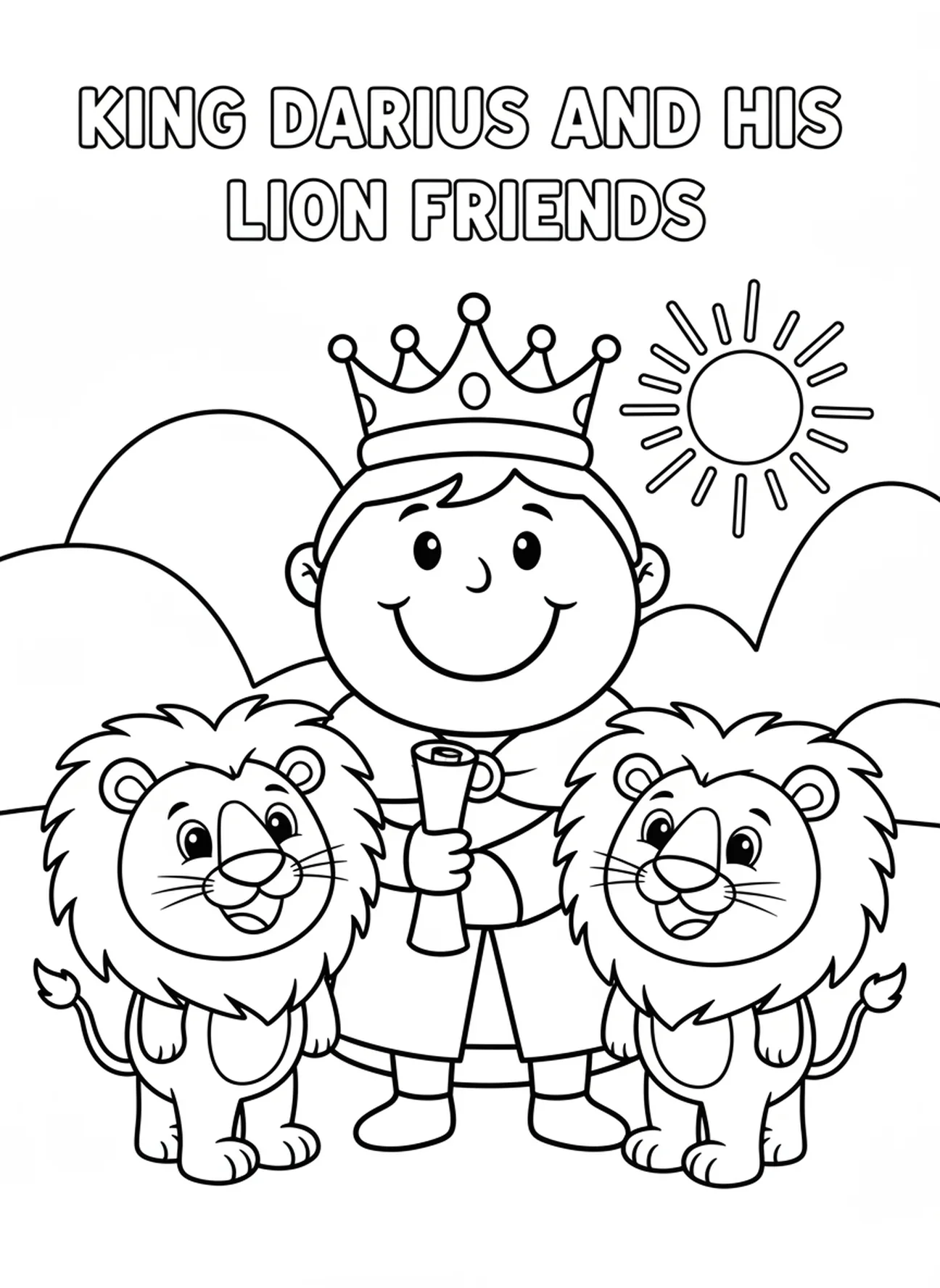 Lächelnder König Darius, Daniel in der Löwengrube, Ausmalbild für Vorschulkinder im Alter von 3-5 Jahren