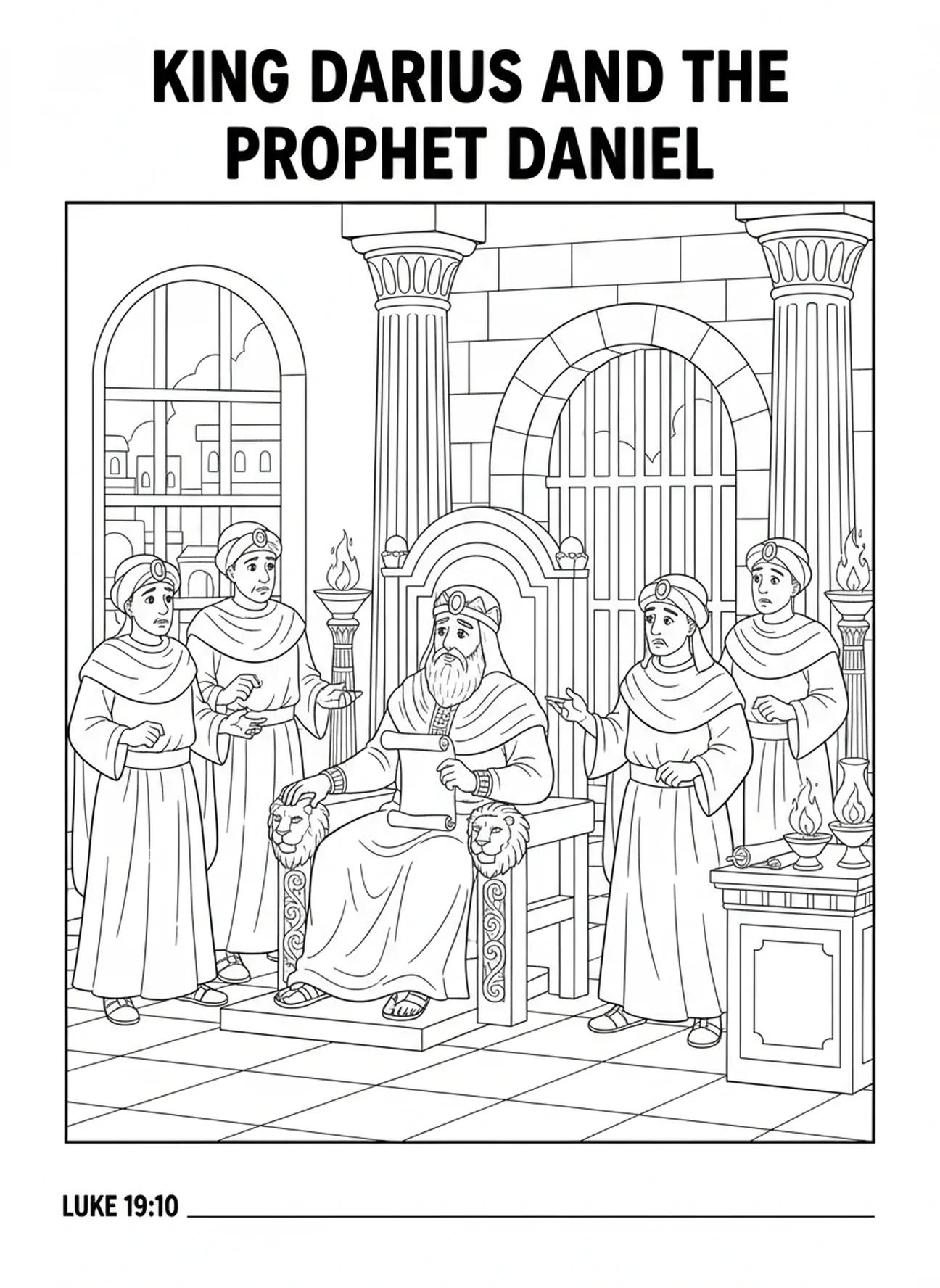 König Darius auf dem Thron, Daniel in der Löwengrube, König Darius' Erlass Malvorlage für die Sonntagsschule für Kinder im Alter von 5-12 Jahren.