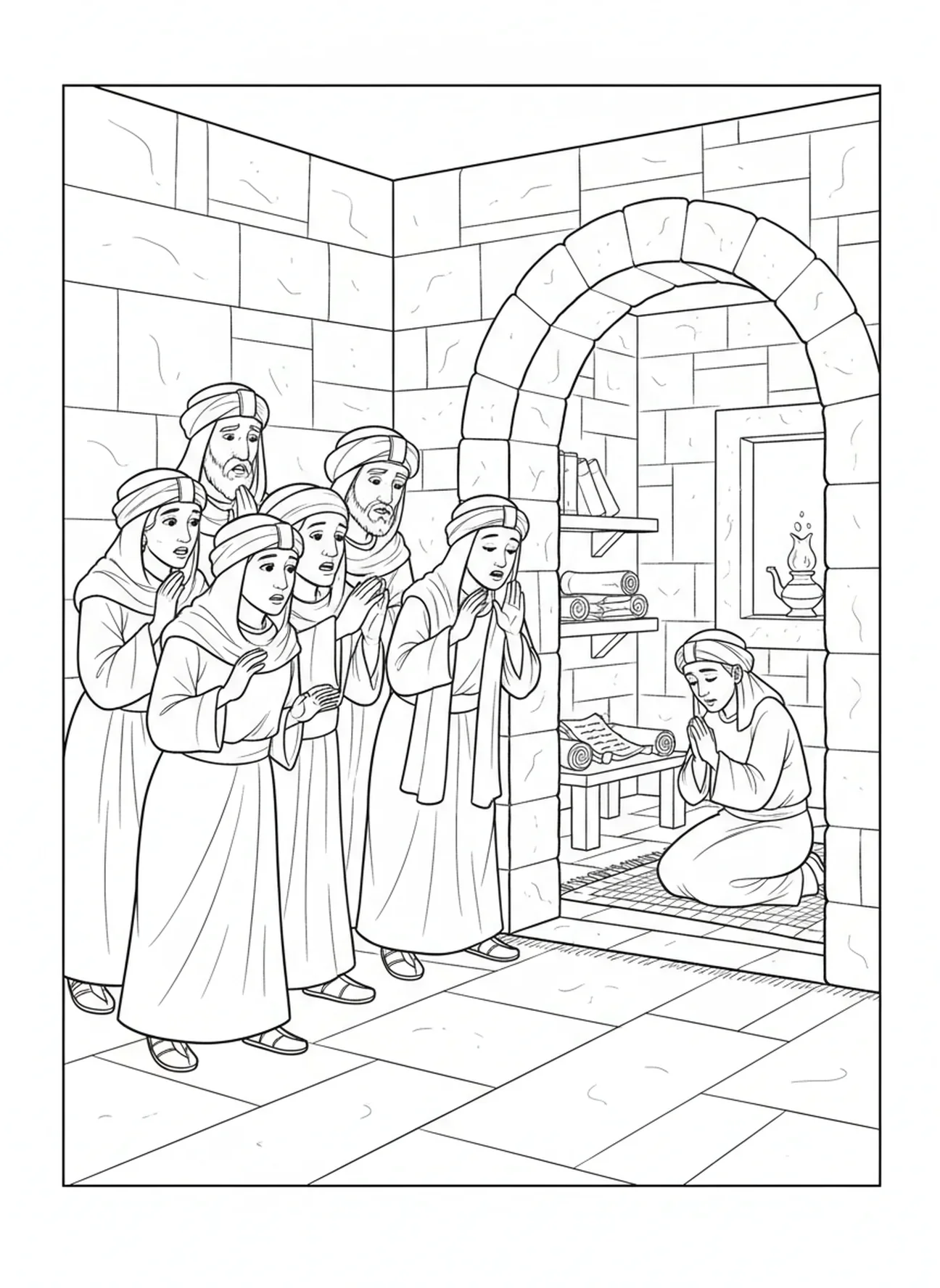 Adelige schauen durch die Tür, Daniel in der Löwengrube, Erlass von König Darius, Ausmalbild für die Sonntagsschule für Kinder im Alter von 5-12 Jahren.