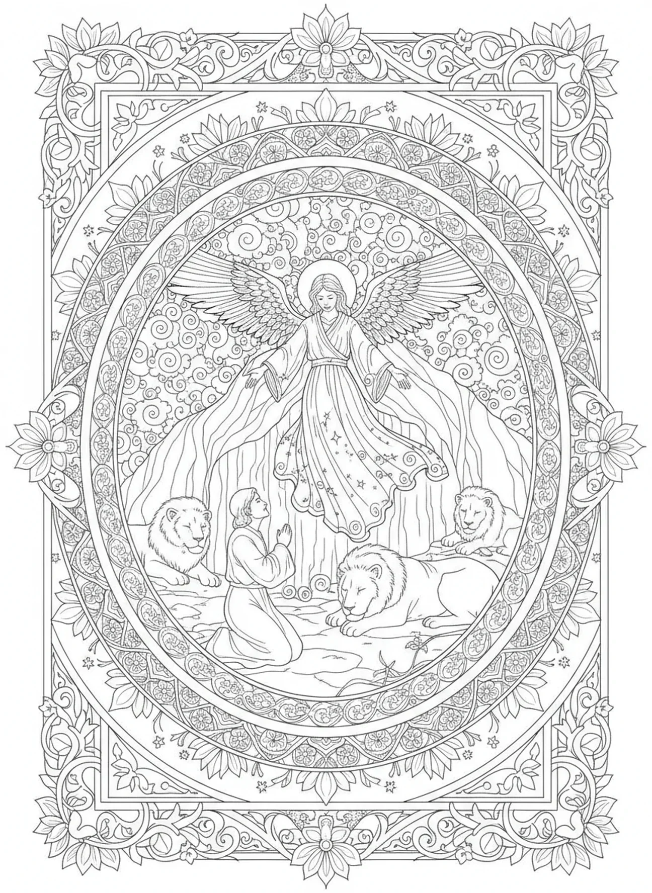 Anjo descendo, página para colorir de Daniel na cova dos leões estilo Bíblia journaling para adultos.