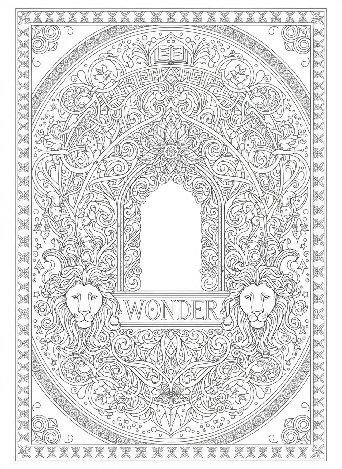 Abertura da cova dos leões, página de colorir de Daniel para adultos no estilo de journaling bíblico.