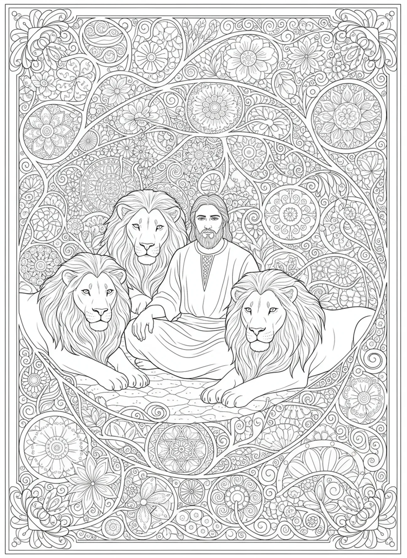 Leões relaxando, página para colorir da Cova dos Leões de Daniel no estilo de journaling bíblico para adultos.
