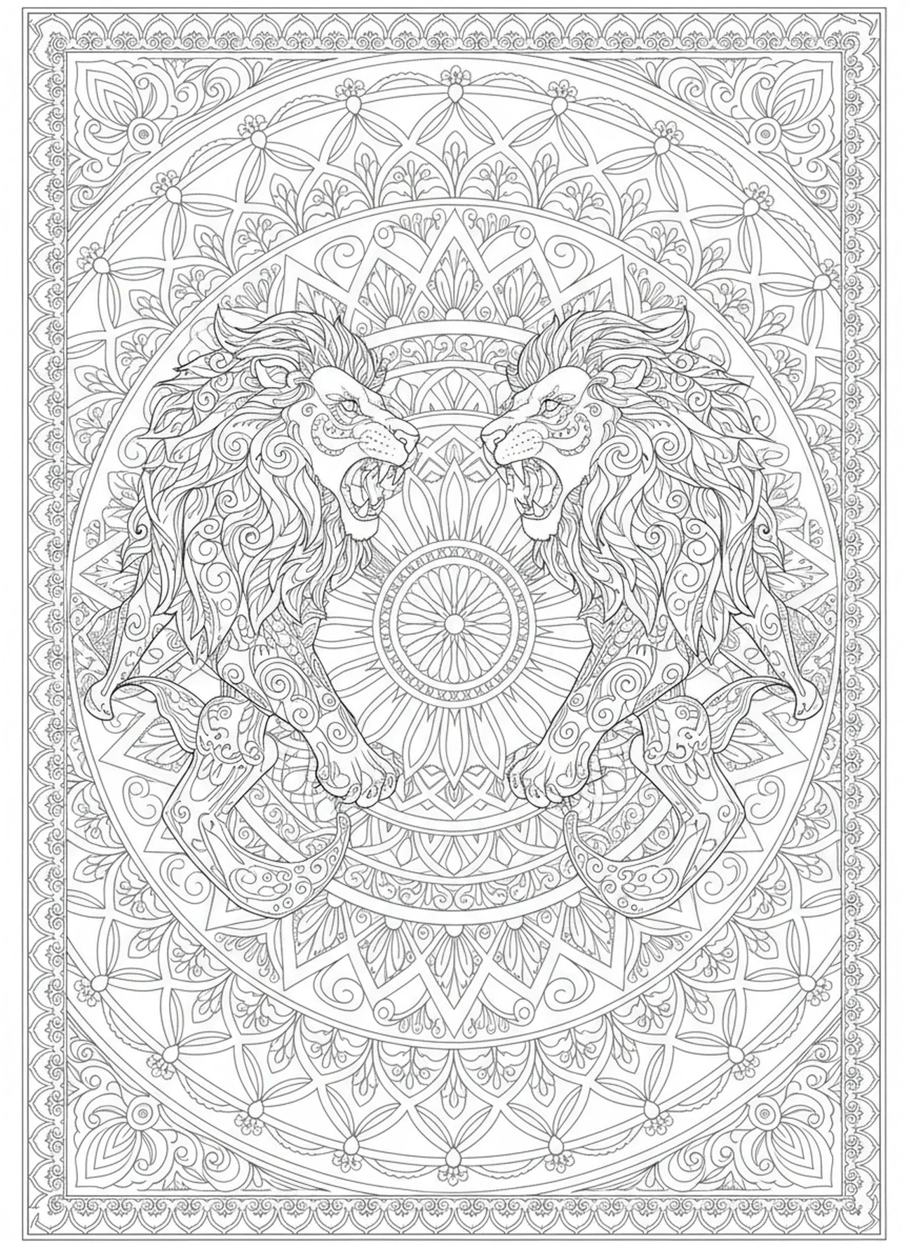 Dois leões rugindo, página para colorir sobre Daniel na cova dos leões, estilo de journaling bíblico para adultos.