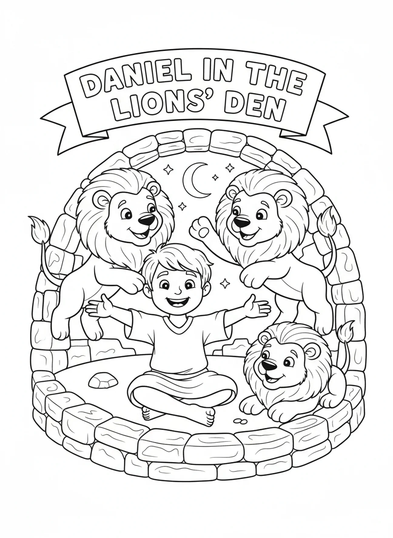 Três leões de desenho animado cercam Daniel de forma brincalhona, página para colorir Daniel na cova dos leões para crianças de 5 a 10 anos.