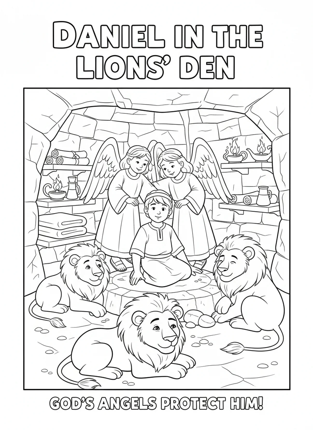 Dois anjos confortantes, página para colorir sobre Daniel na cova dos leões para crianças da Escola Dominical de 5 a 12 anos