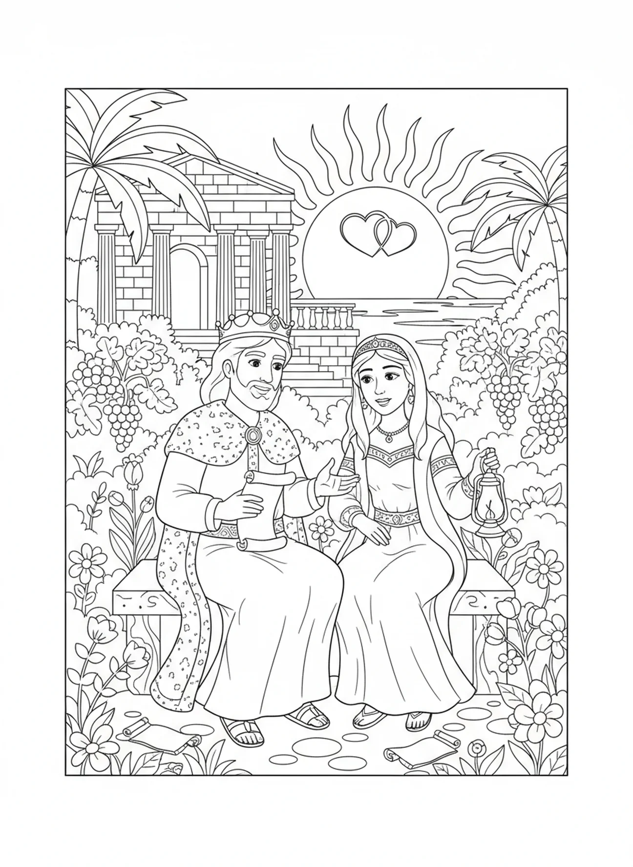 David und Bathseba in einem Garten, Ausmalbild von David und Bathseba für Sonntagsschulkinder im Alter von 5-12 Jahren.