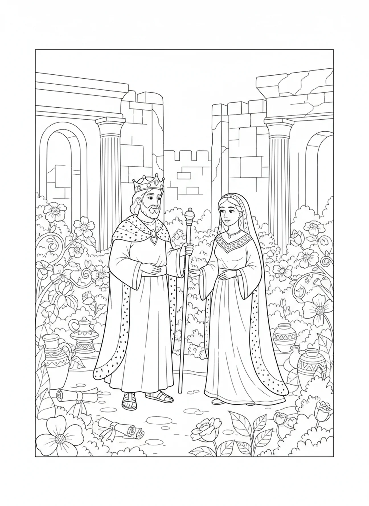 David und Bathseba in einem Garten, Ausmalbild von David und Bathseba für Kinder im Religionsunterricht im Alter von 5-12 Jahren.