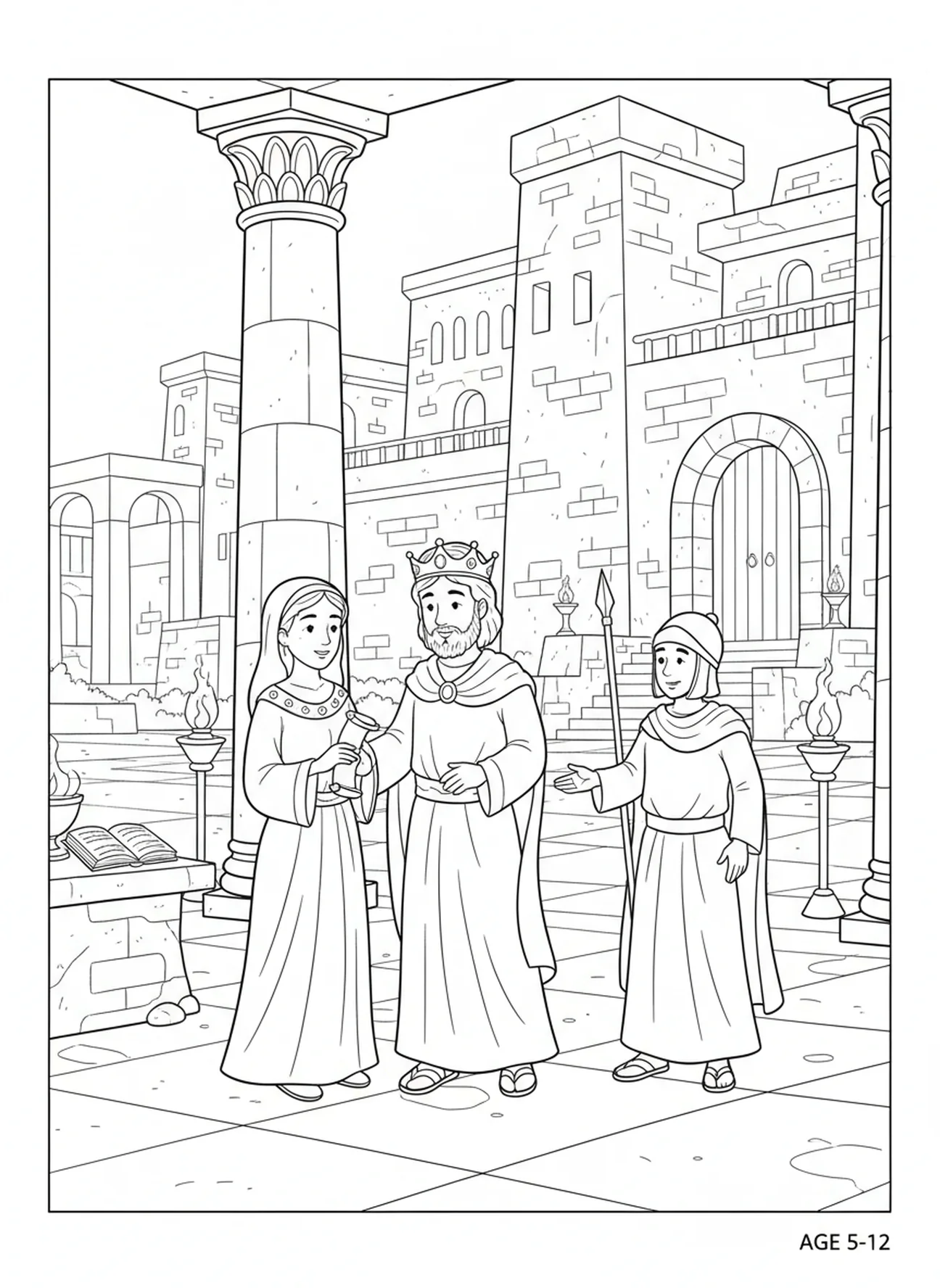 David und Bathseba mit einem Wächter, Ausmalbild von David und Bathseba für Kinder in der Sonntagsschule im Alter von 5-12 Jahren.