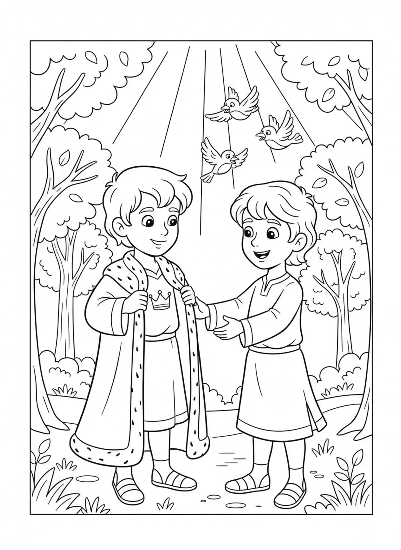 David gibt Jonathan seinen Mantel, Ausmalbild von David und Jonathan für Kinder im Alter von 5-10 Jahren