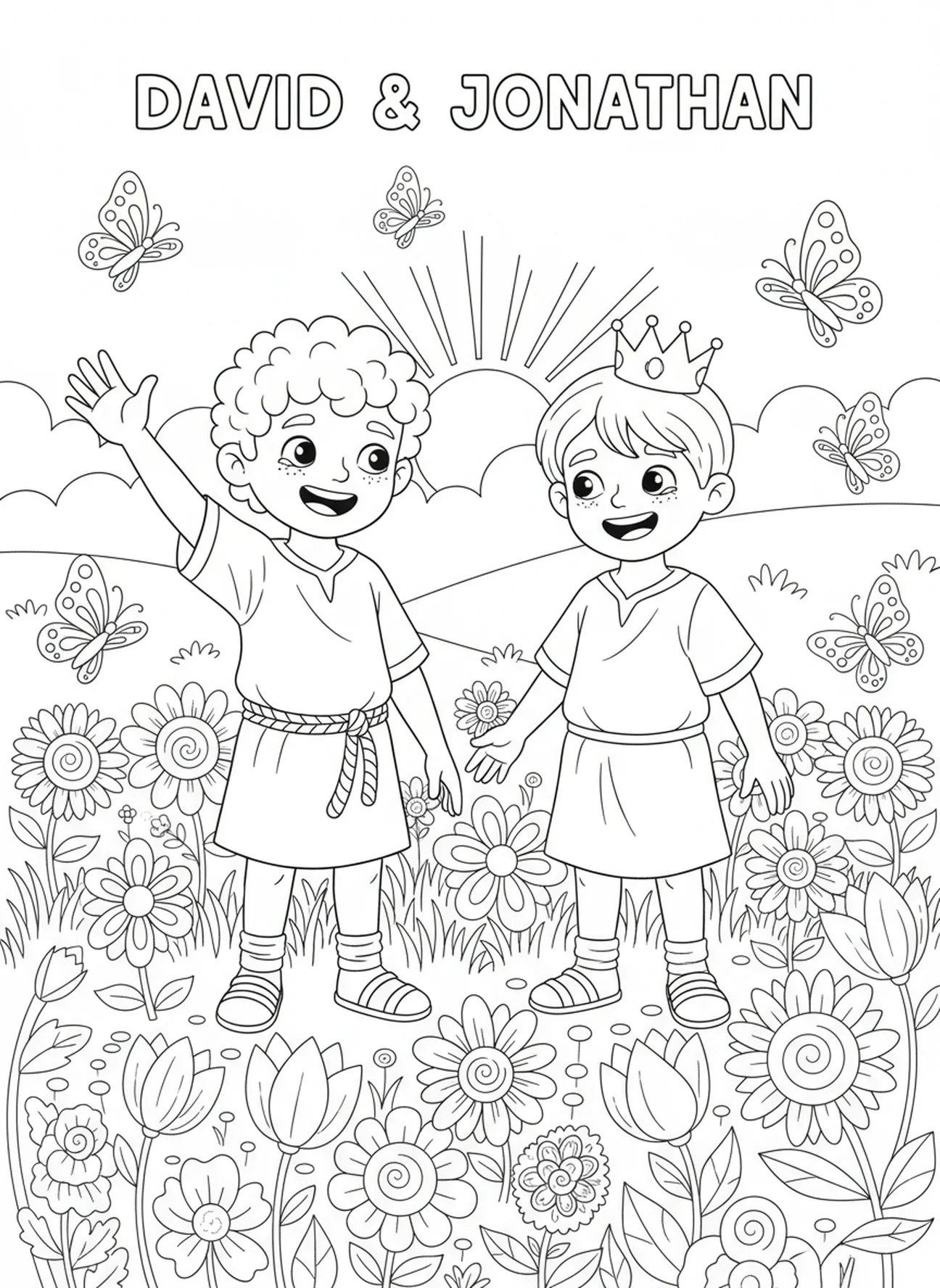 David und Jonathan trennen sich, Ausmalbild von David und Jonathan für Kinder im Alter von 5-10 Jahren