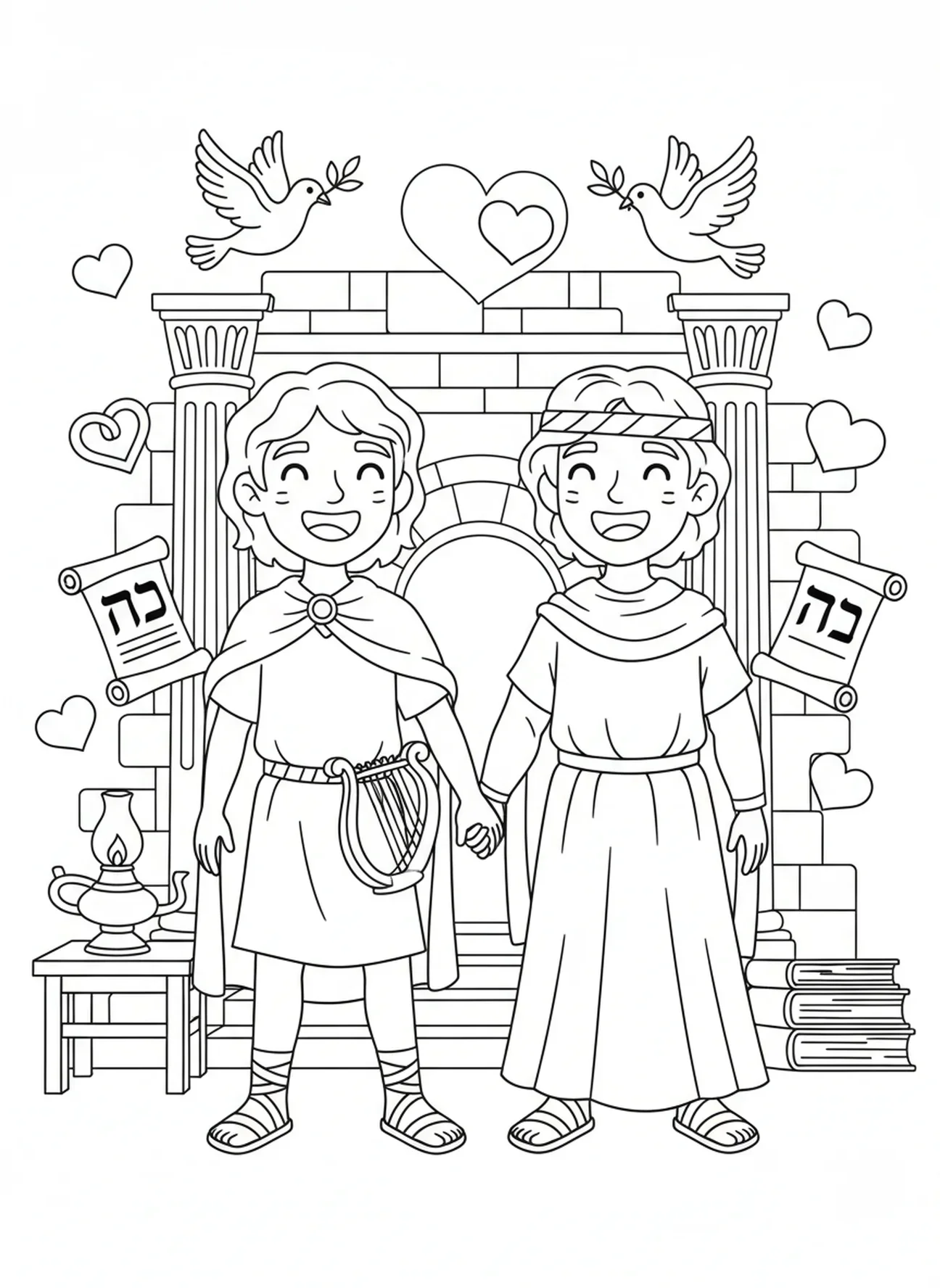 David und Jonathan halten Händchen, Ausmalbild von David und Jonathan für Kinder in der Sonntagsschule im Alter von 5-12 Jahren.