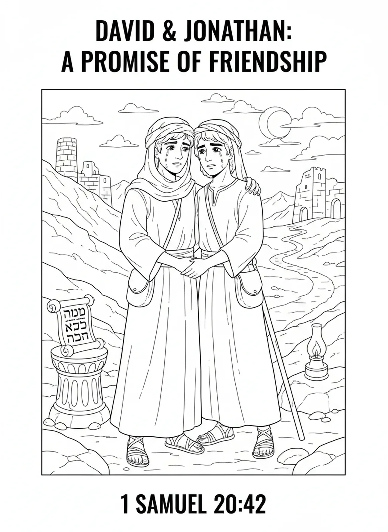 David und Jonathan trennen sich, Ausmalbild für die Sonntagsschule für Kinder im Alter von 5-12 Jahren.