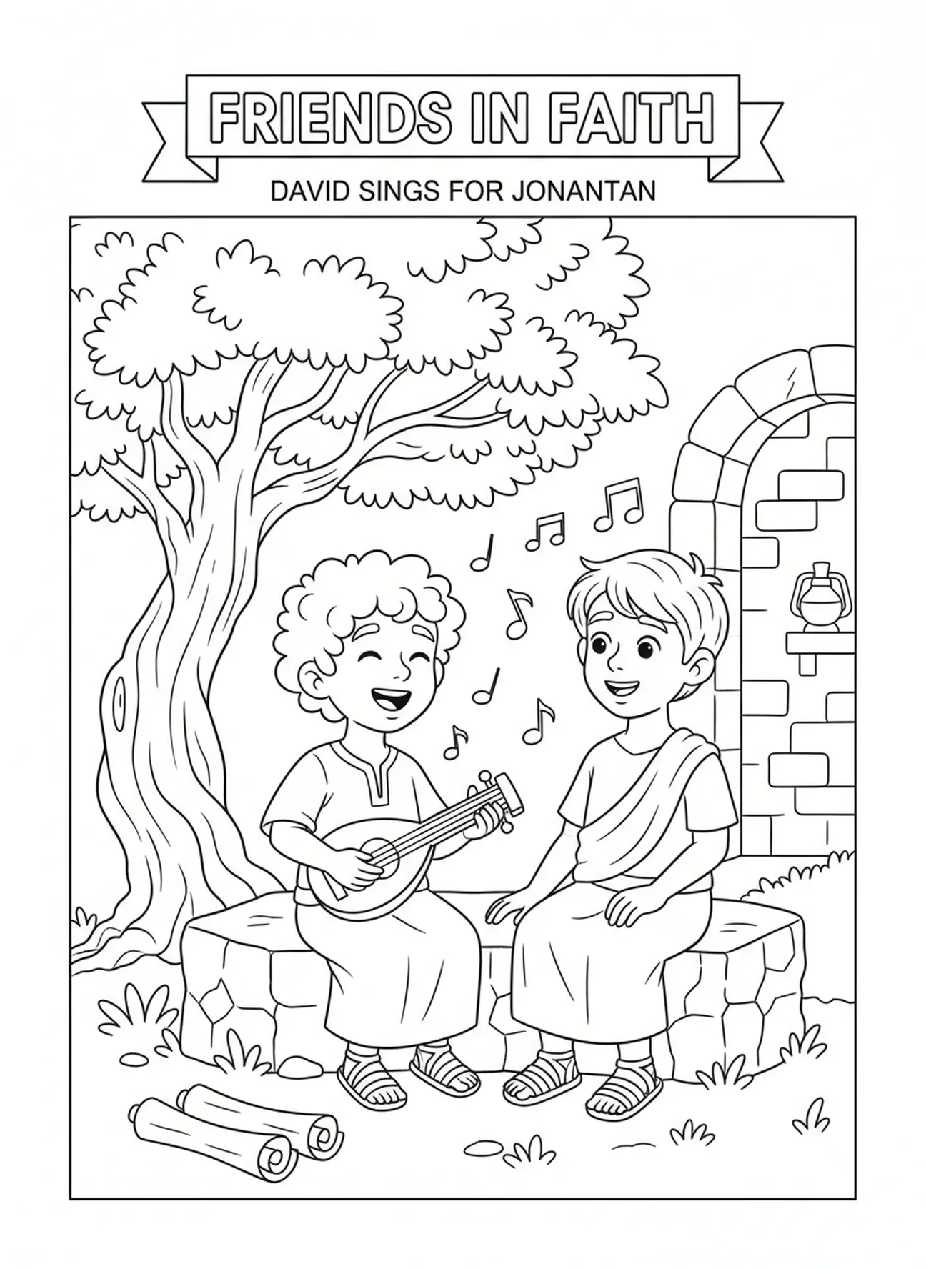 David singt fröhlich zu Jonathan, Ausmalbild von David und Jonathan für Kinder in der Sonntagsschule im Alter von 5-12 Jahren.