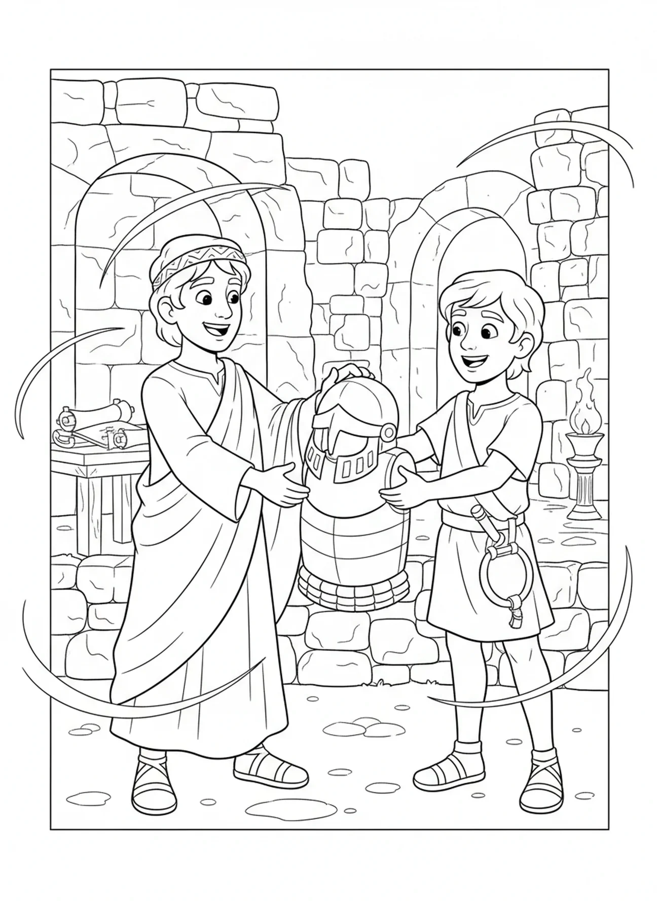 Jonathan gibt David seine Rüstung, Ausmalbild von David und Jonathan für die Sonntagsschule für Kinder im Alter von 5-12 Jahren.