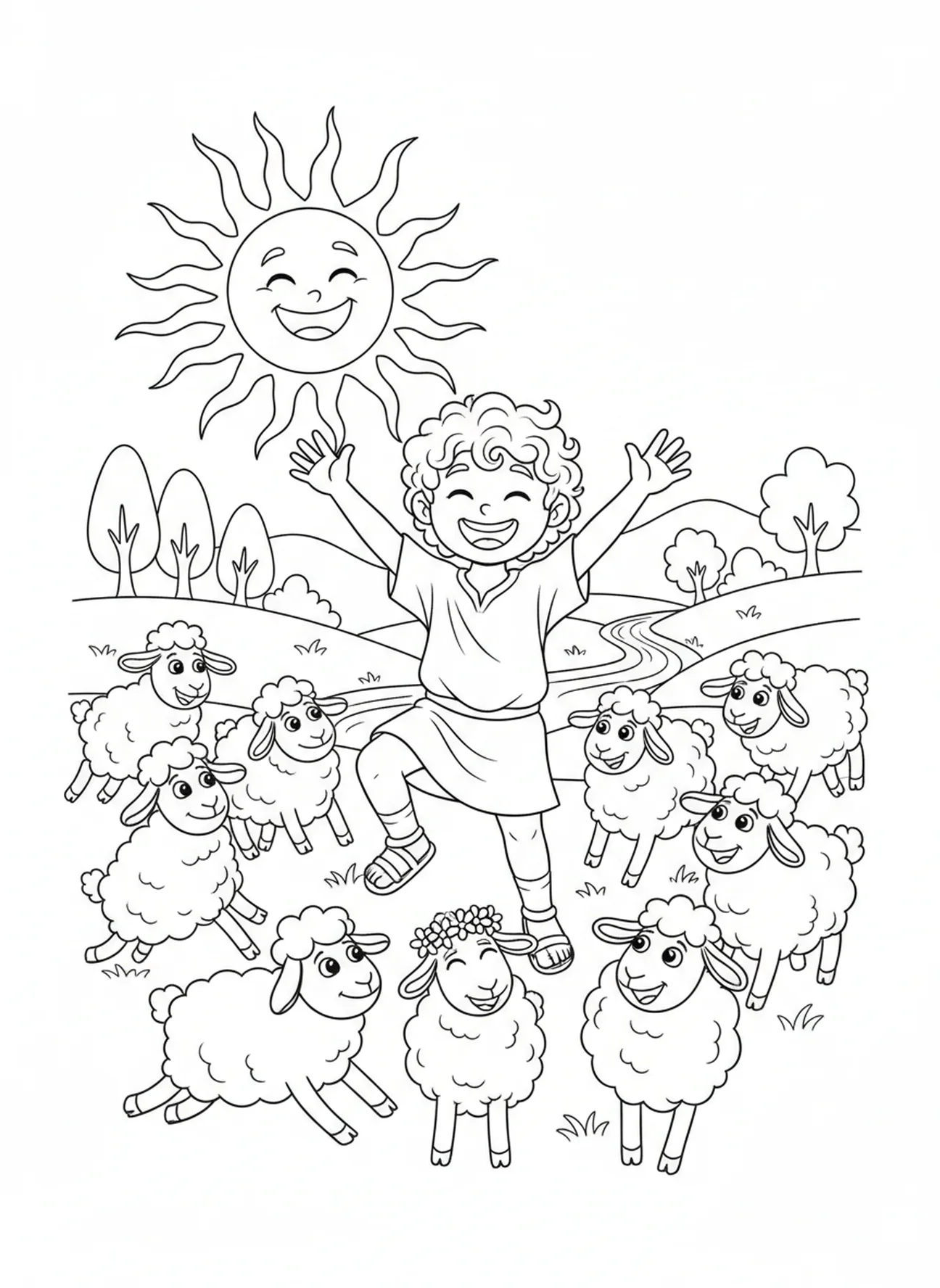 David dansant joyeusement avec des moutons, page à colorier David oint roi pour les enfants de 5 à 10 ans