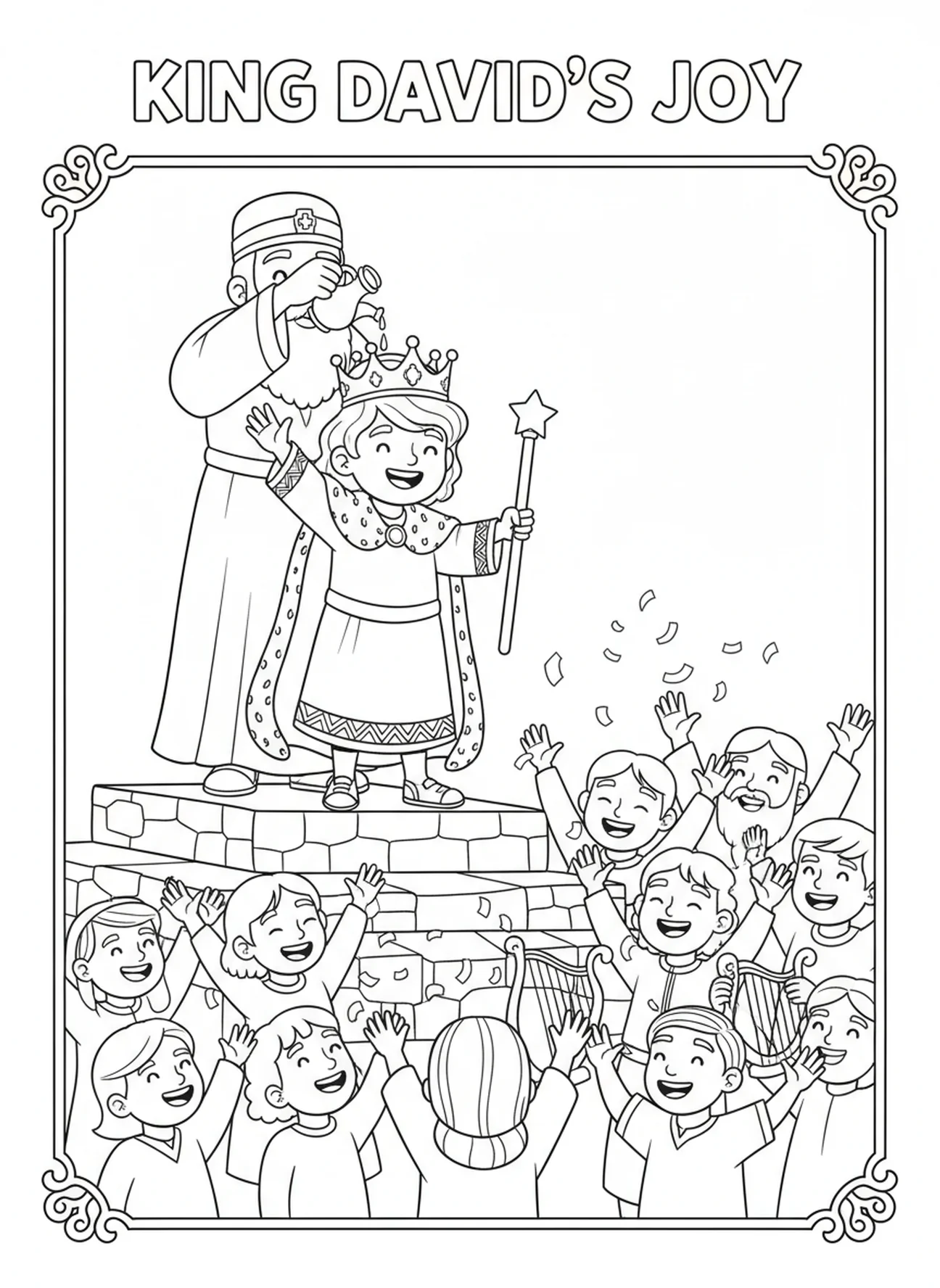 David couronné souriant dans une robe royale, page à colorier David oint roi pour les enfants de 5 à 10 ans