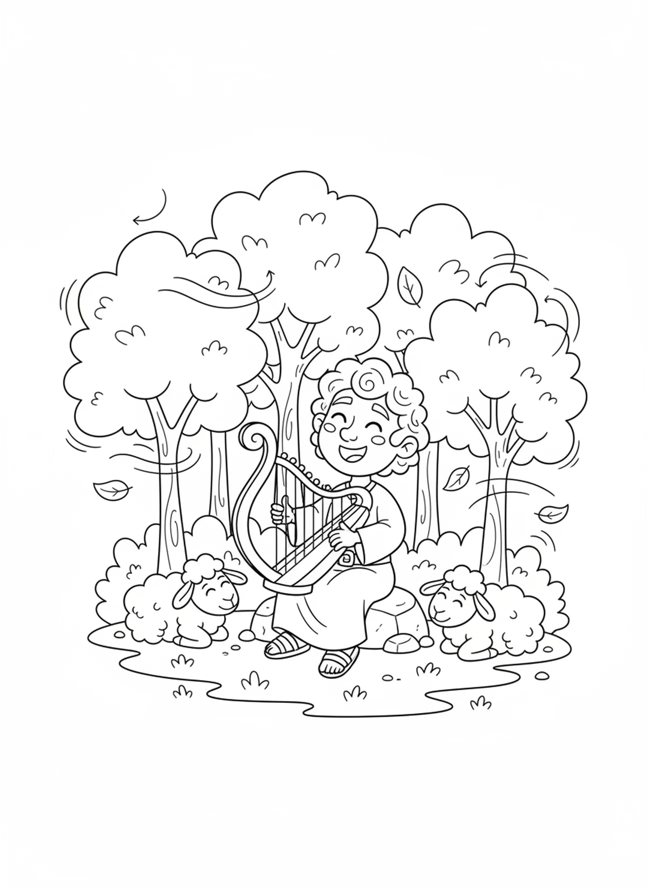 David jouant de la harpe entouré de moutons, page à colorier David oint roi pour les enfants de 5 à 10 ans