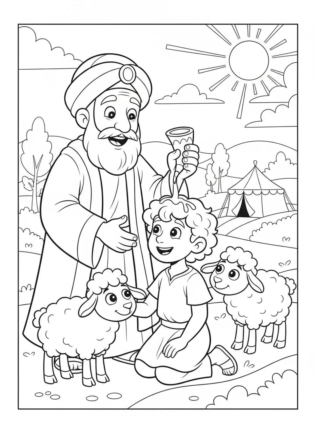 Le prophète Samuel oint David avec de l'huile, page à colorier David oint roi pour les enfants de 5 à 10 ans