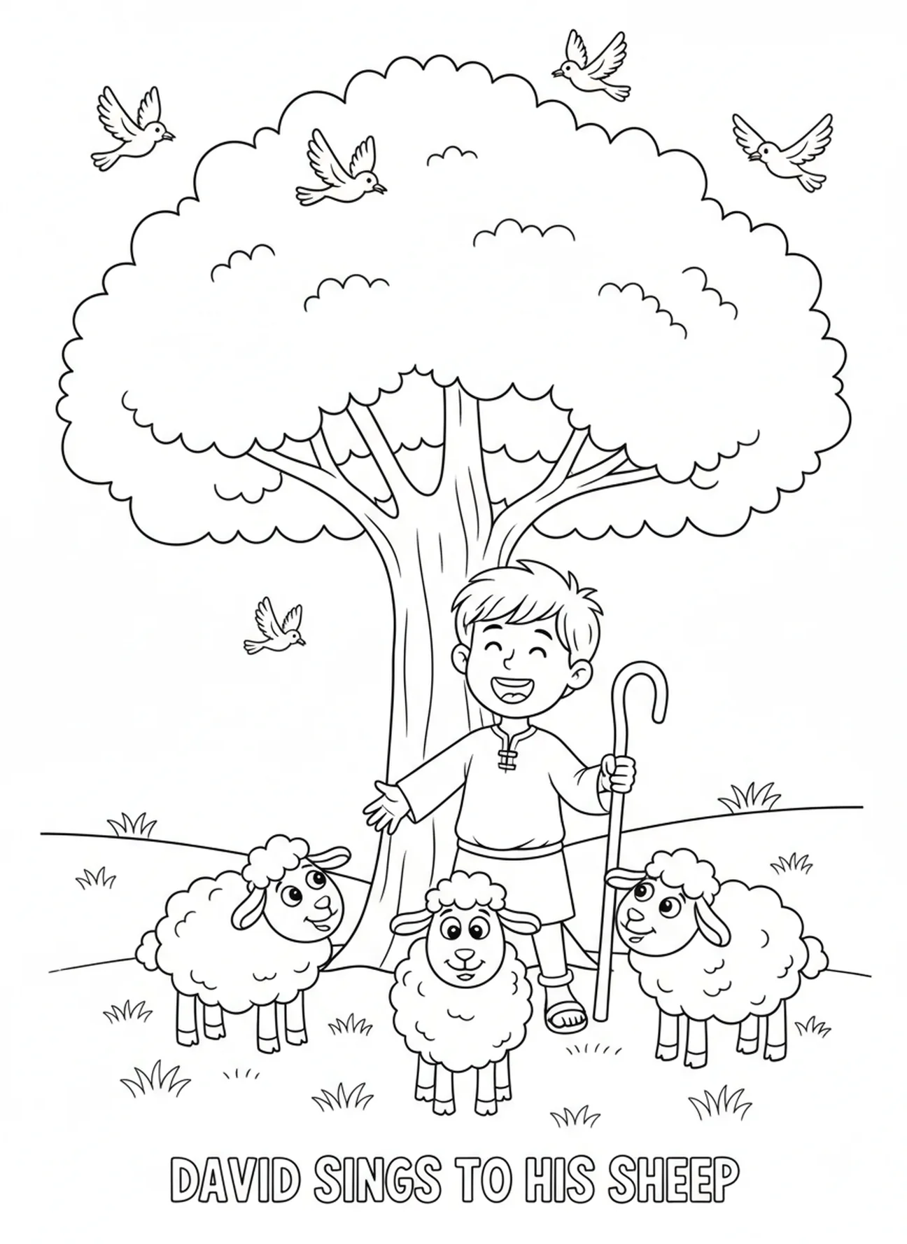 David chantant aux moutons sous un arbre, page à colorier David oint roi pour les enfants de 5 à 10 ans
