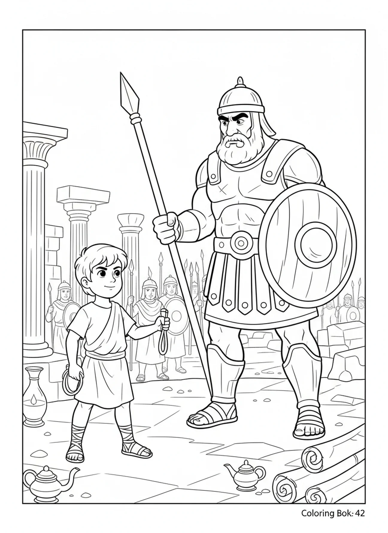 David konfrontiert Goliath, Ausmalbild von David, dem gesalbten König, für Kinder in der Sonntagsschule im Alter von 5-12 Jahren.