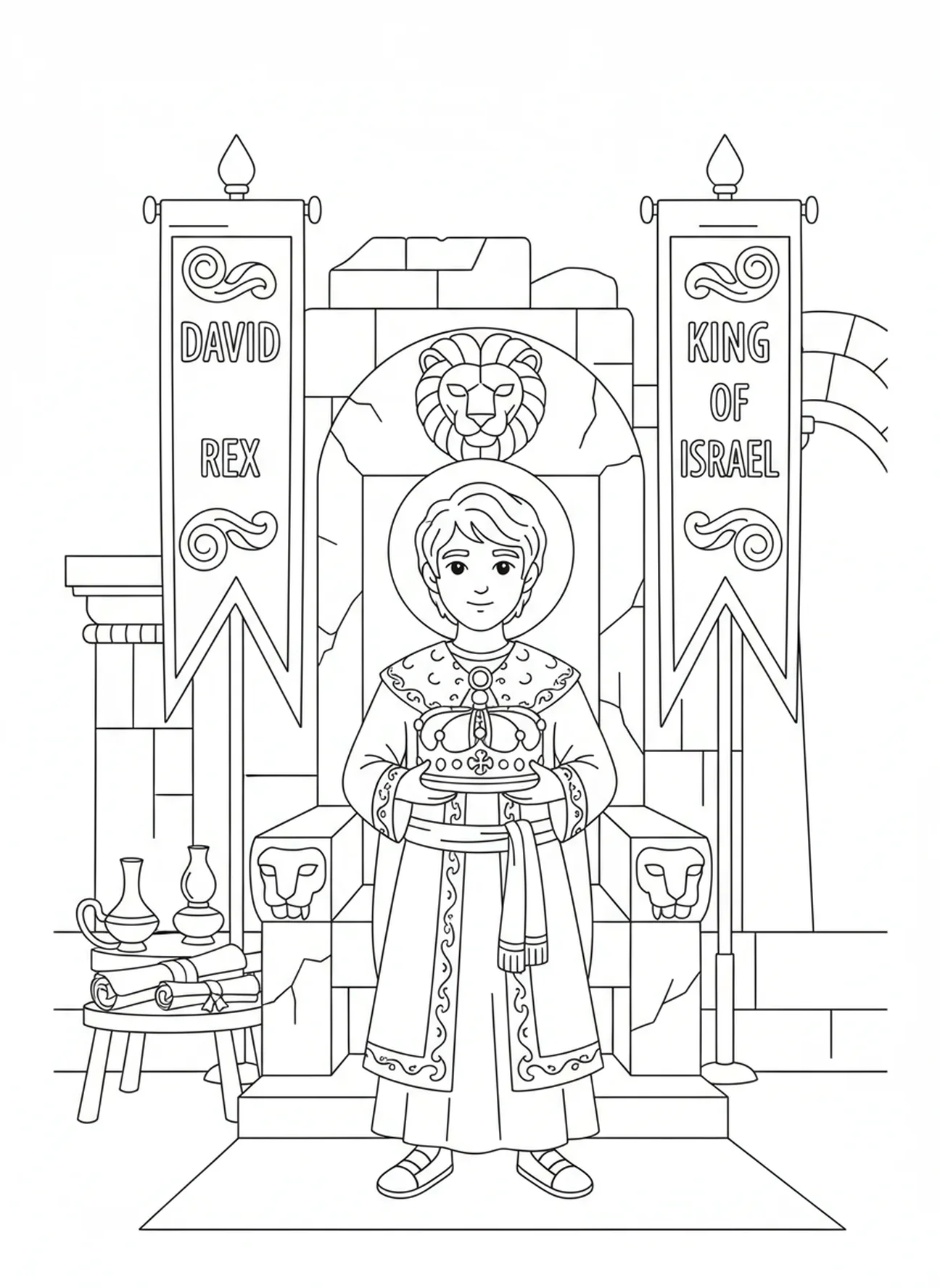 David steht in königlichem Gewand, Ausmalbild von David, dem gesalbten König für die Sonntagsschule für Kinder im Alter von 5-12 Jahren.
