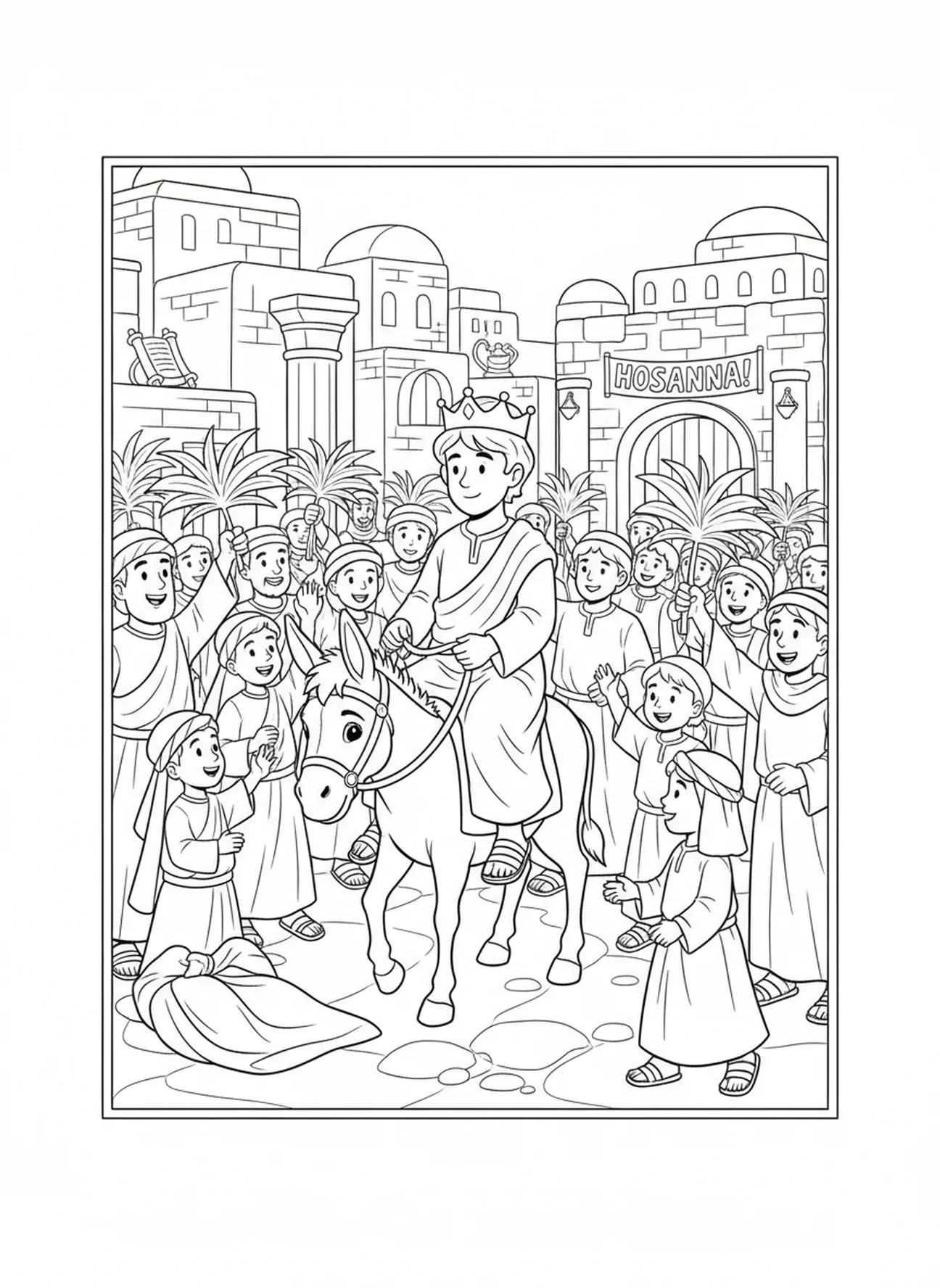 David auf einem Esel, von der Menge begrüßt, Ausmalbild von David, dem gesalbten König, für Kinder in der Sonntagsschule im Alter von 5-12 Jahren.